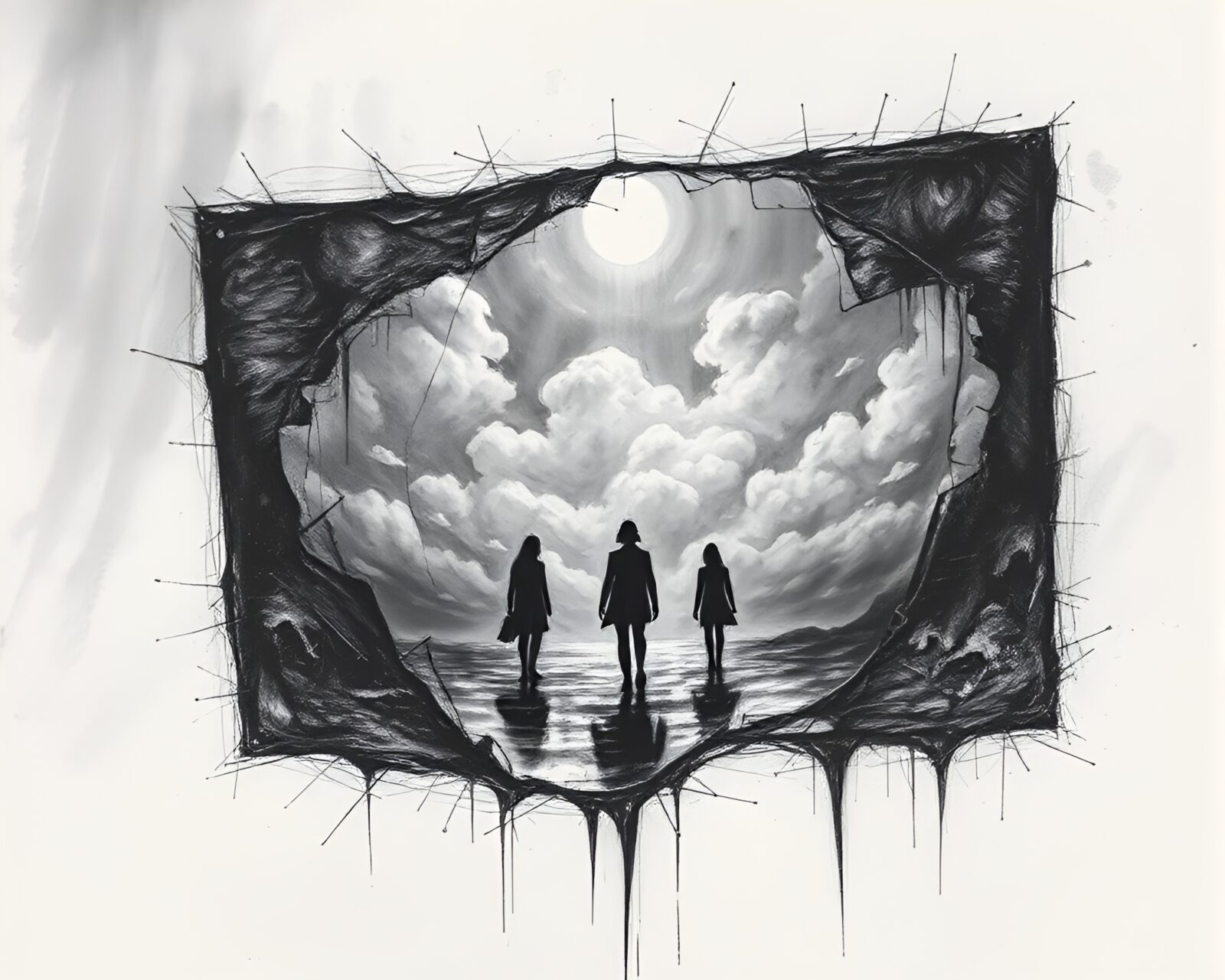 Abstract monochrome artwork with distorted figures and wispy clouds