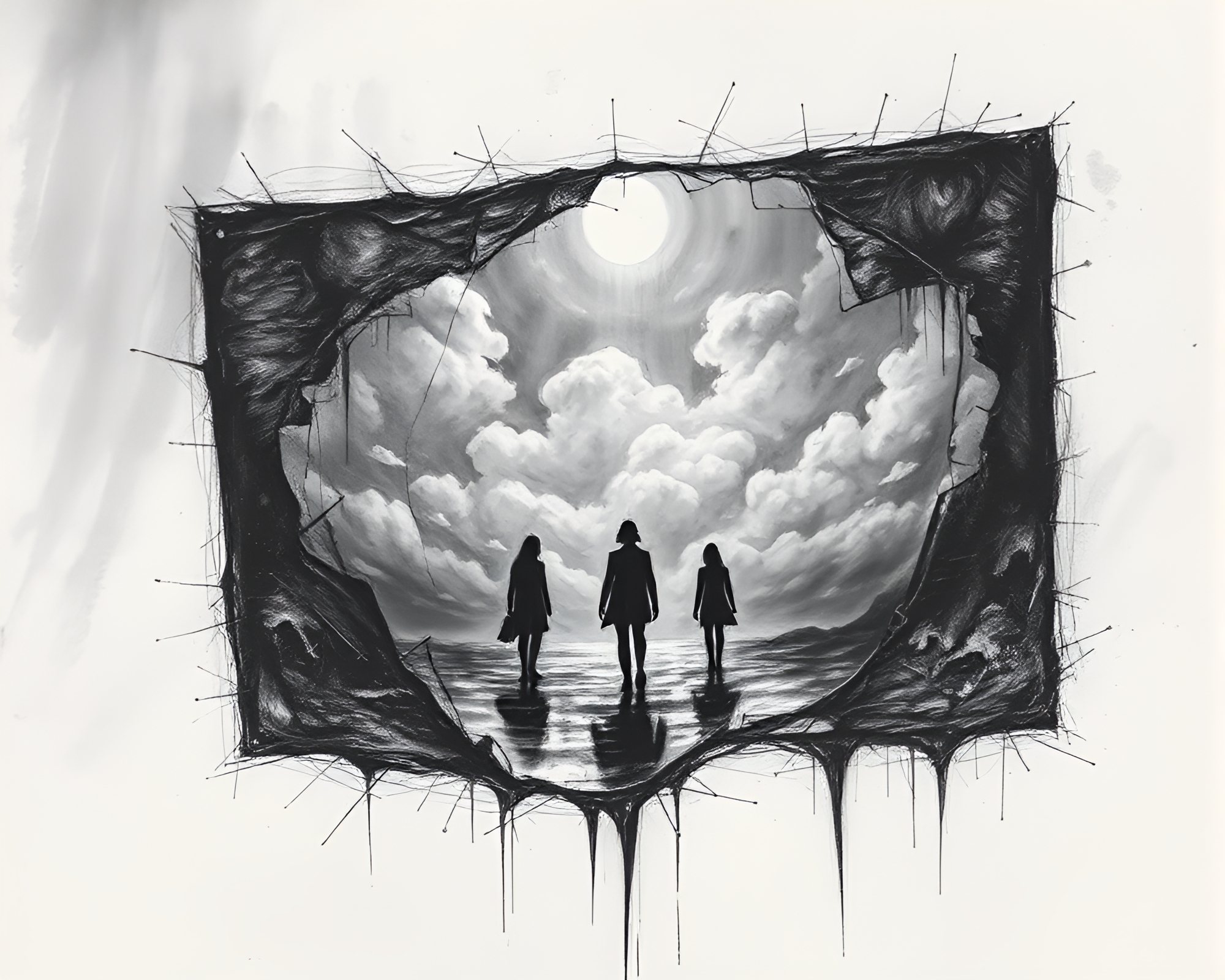 Surreal Charcoal Sketch of Shattered Mirror Reflections – free AI stock image