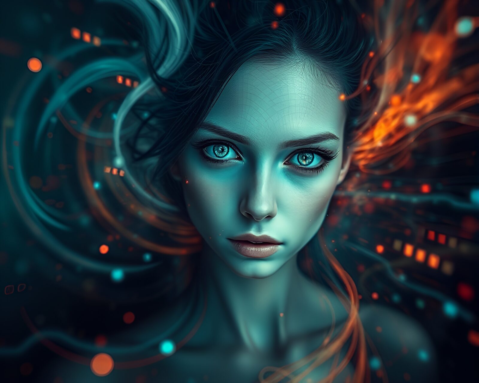 Mysterious figure with luminous eyes in swirling colors and patterns.