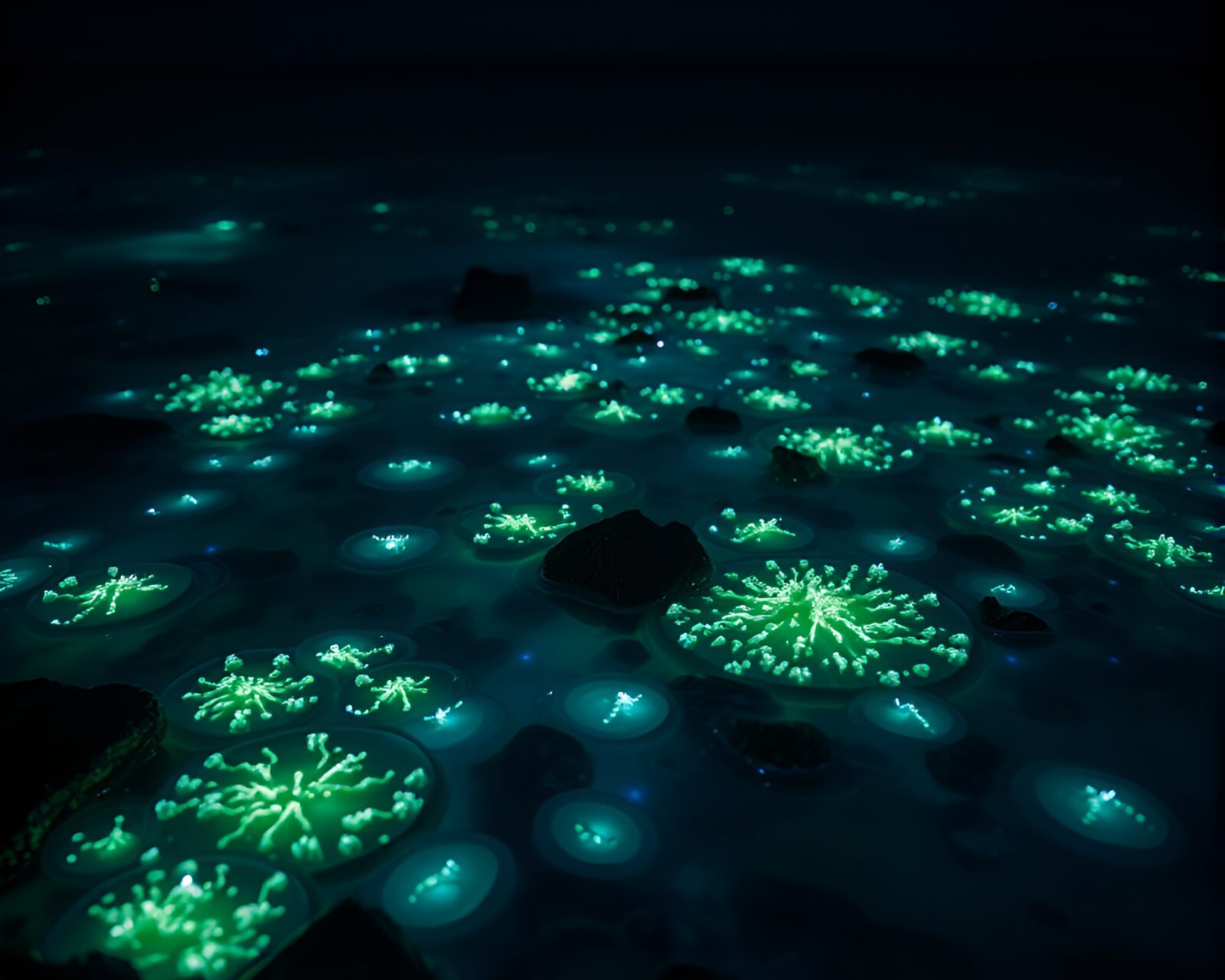 Glowing sea creatures illuminate dark waters in minimalist art