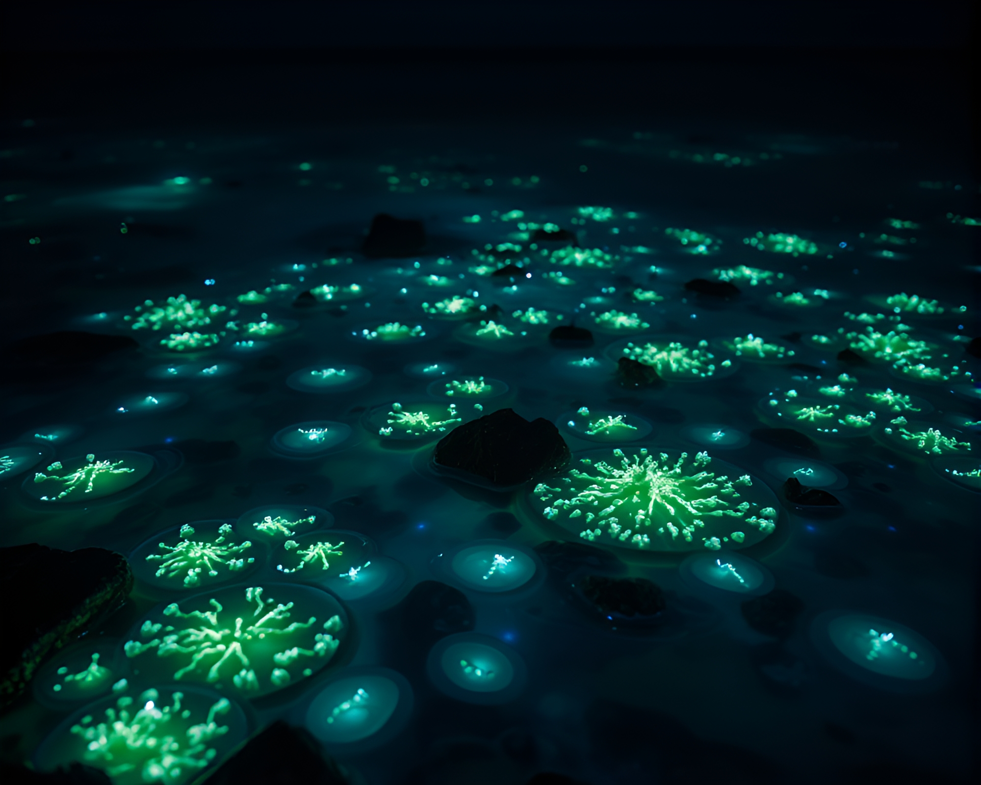 Enchanting Bioluminescent Tide Pools in Minimalist Style – free AI stock image