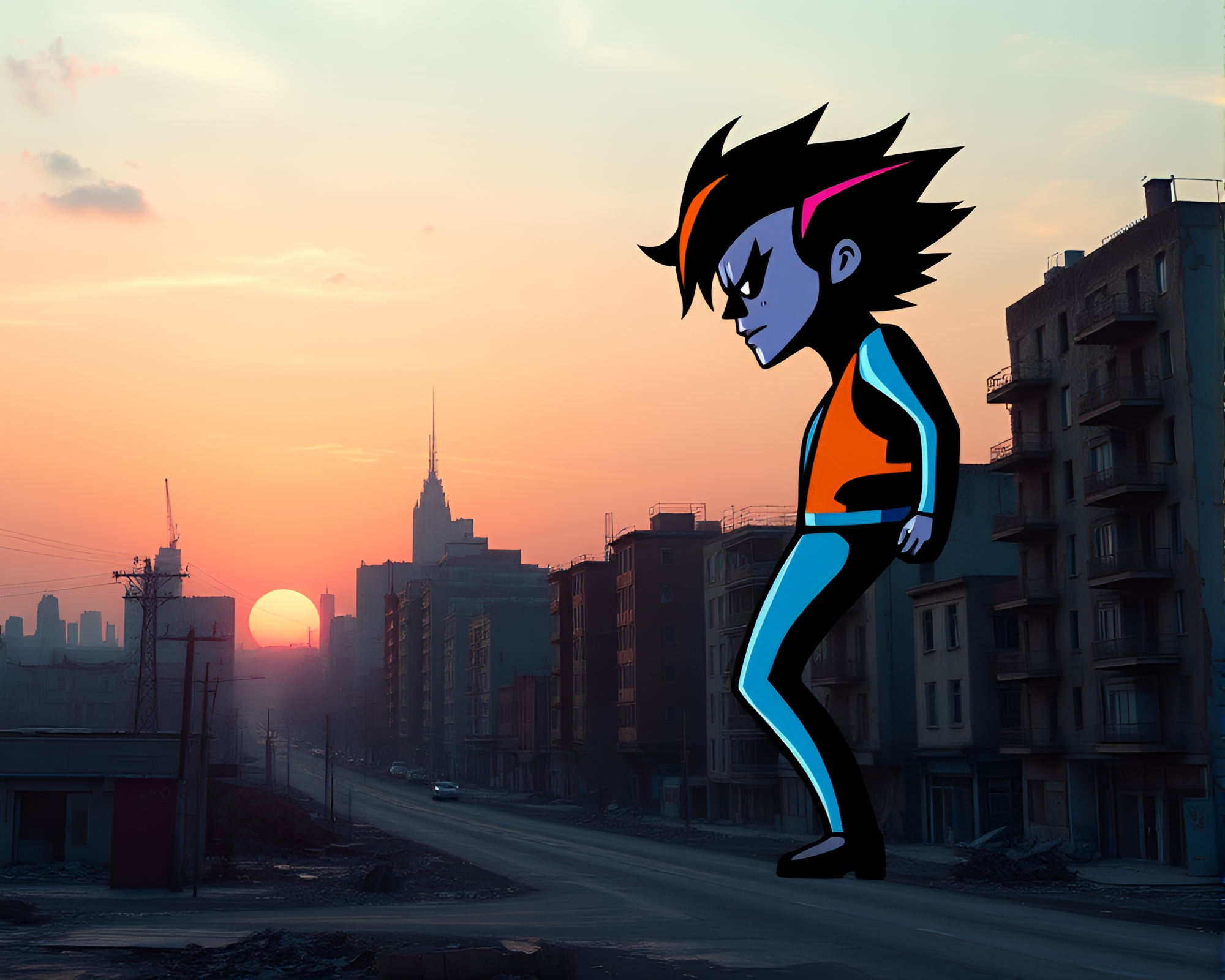 Apocalyptic Sunset: Desolate Metropolis and Bold Pop Art Icon – free AI stock image