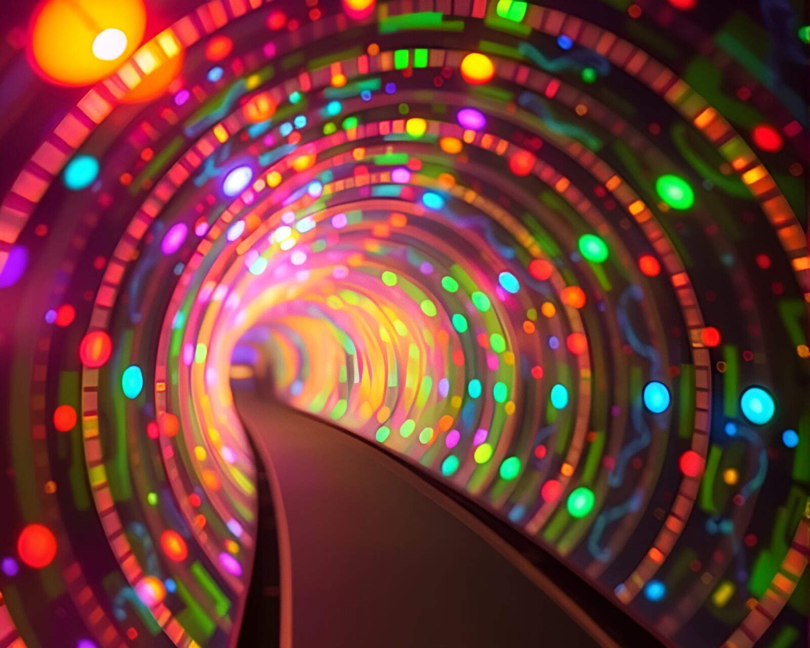 Mesmerizing light tunnel with colorful kinetic lights and artwork