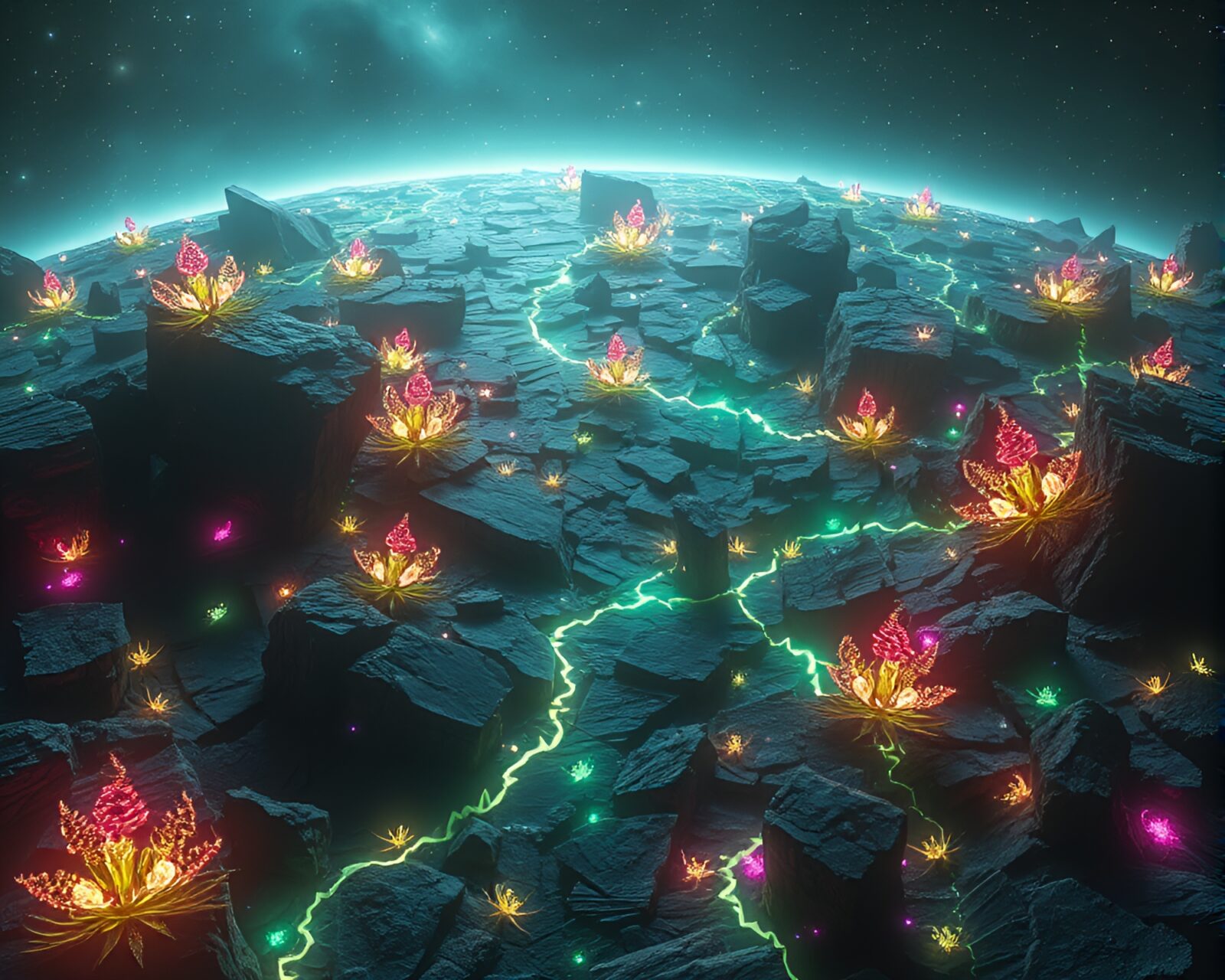 Mesmerizing view of vibrant bioluminescent flora on fractured planet surface