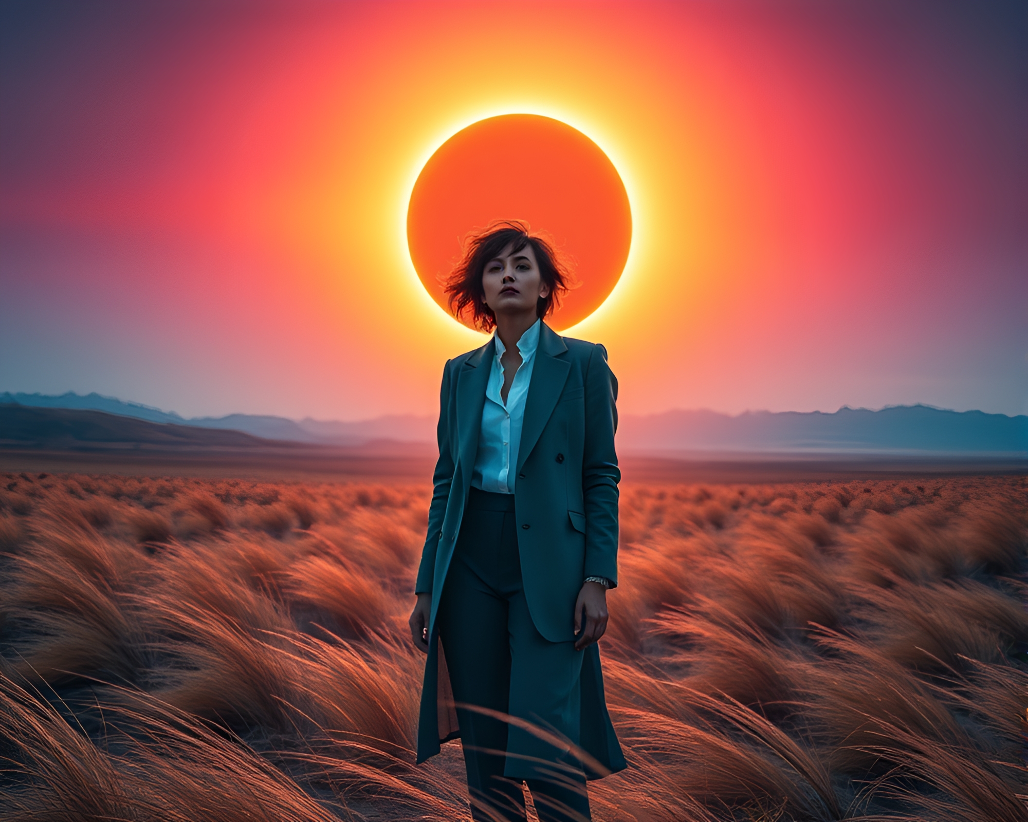 Ethereal Solar Eclipse Illuminates Windswept Fashion Landscape – free AI stock image