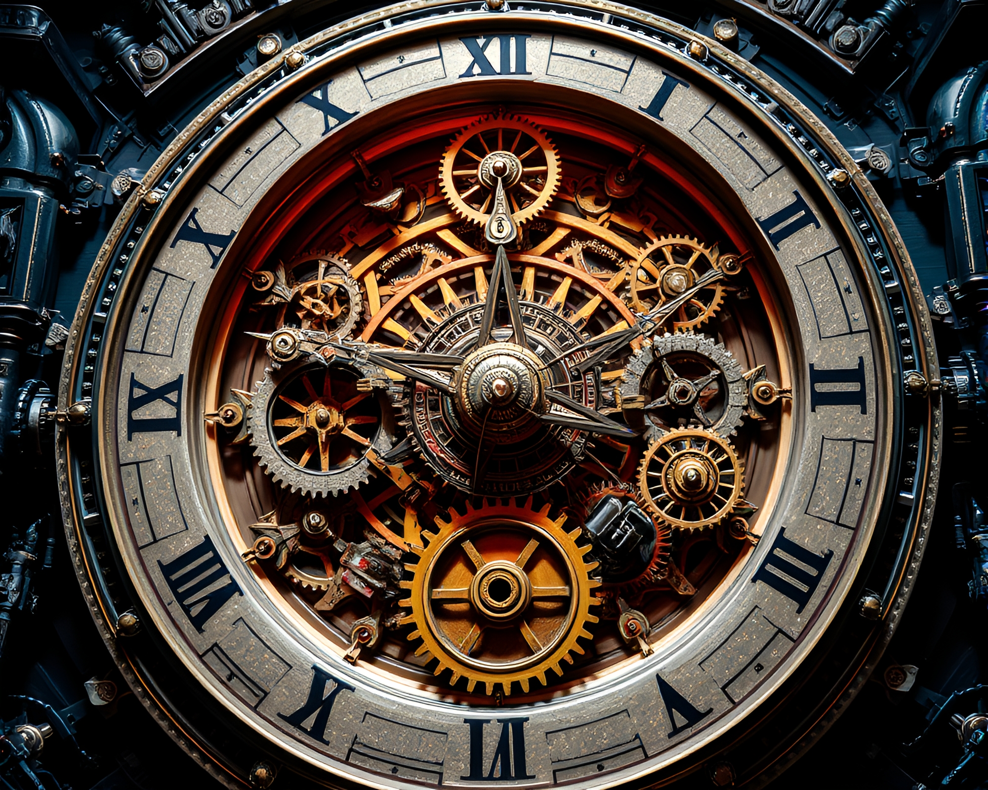Mesmerizing Cosmic Clock Face with Moving Gears and Symbols – free AI stock image