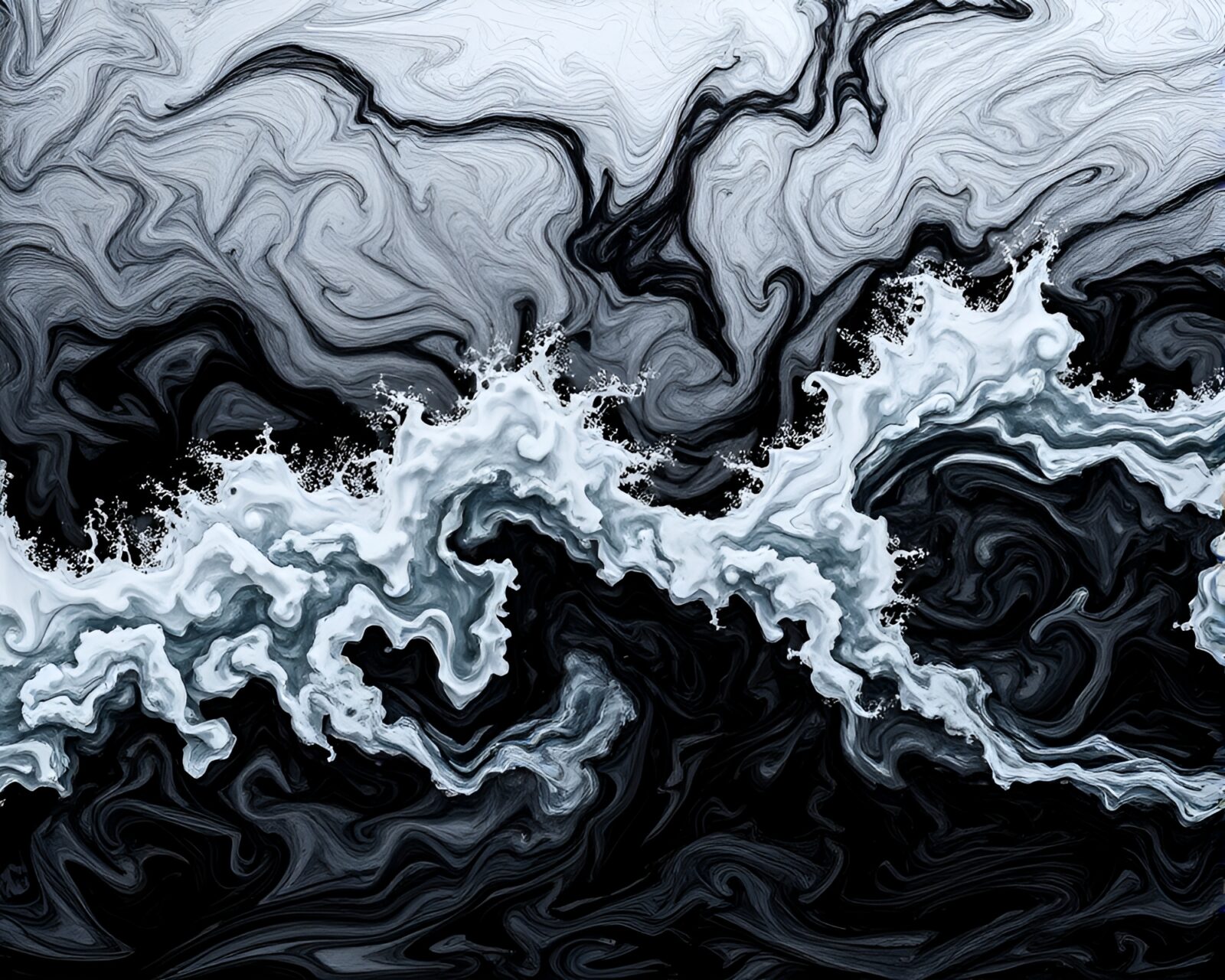 Swirling, inky ocean waves under ominous stormy sky