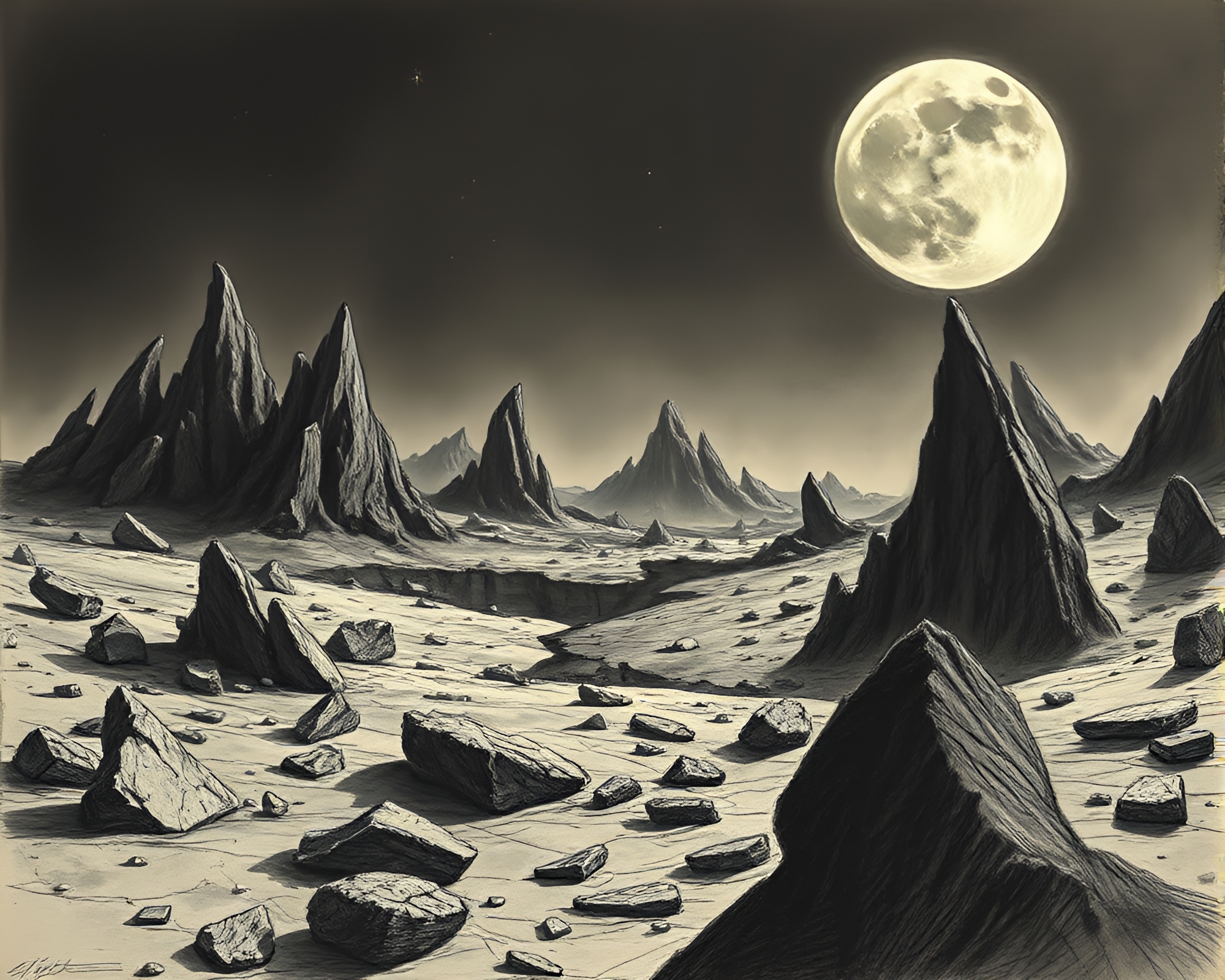 Shattered Planet Landscape Sketch with Haunting Moon – free AI stock image