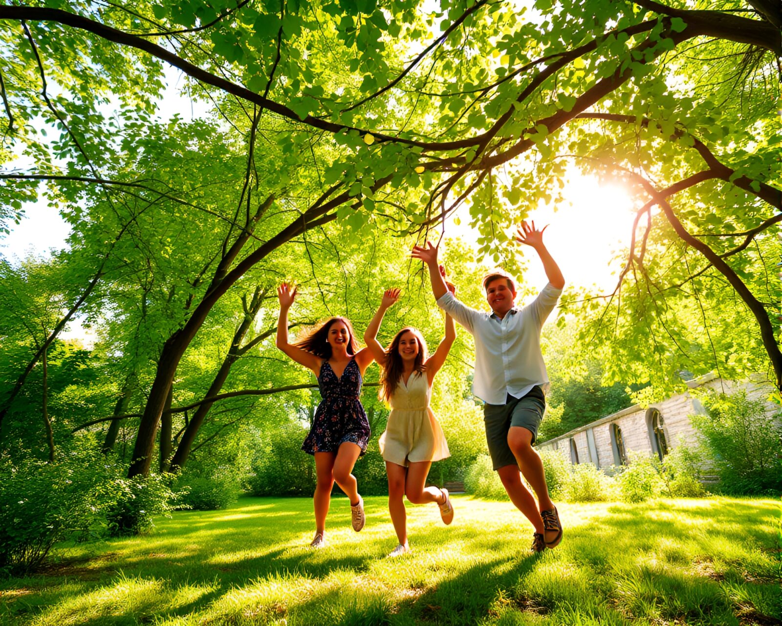 Vibrant forest scene with energetic dancers and sunlight beams