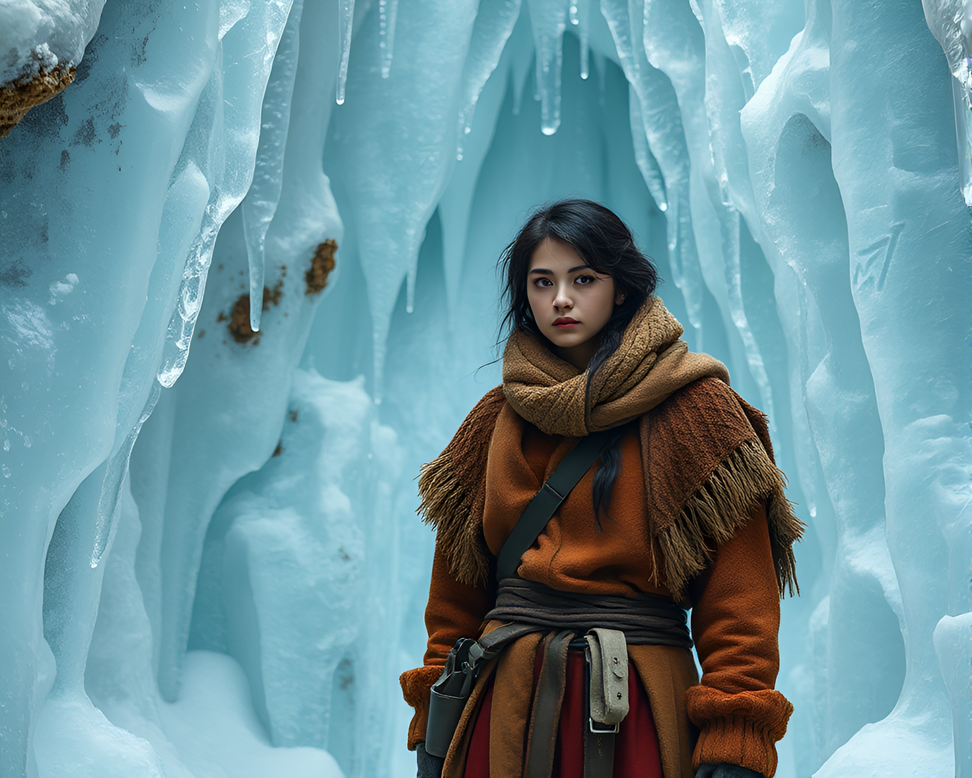 Intriguing Figure in Rustic Fashion within Ice Prism Cavern – free AI stock image