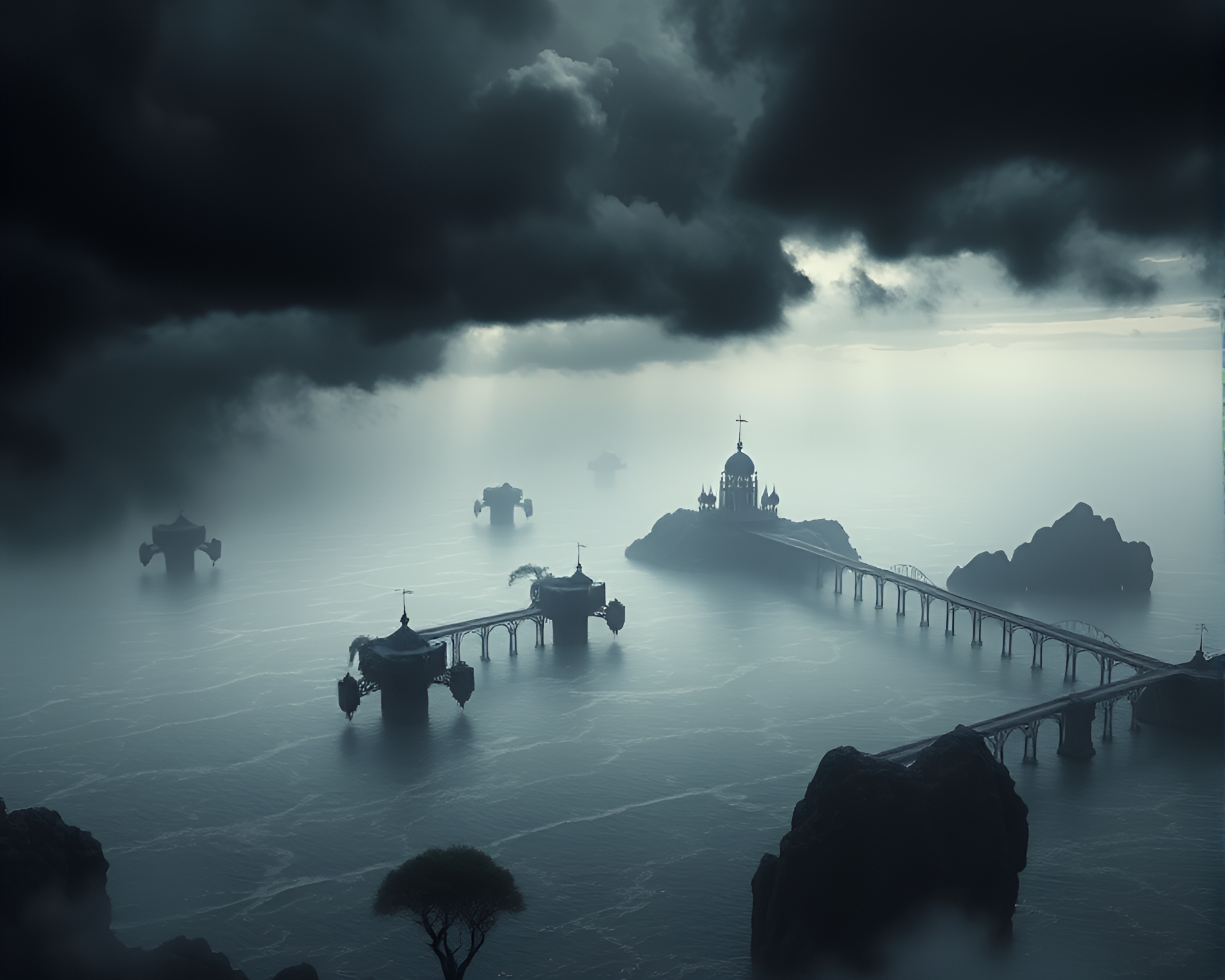 Mysterious Floating Islands in Endless Ocean – free AI stock image