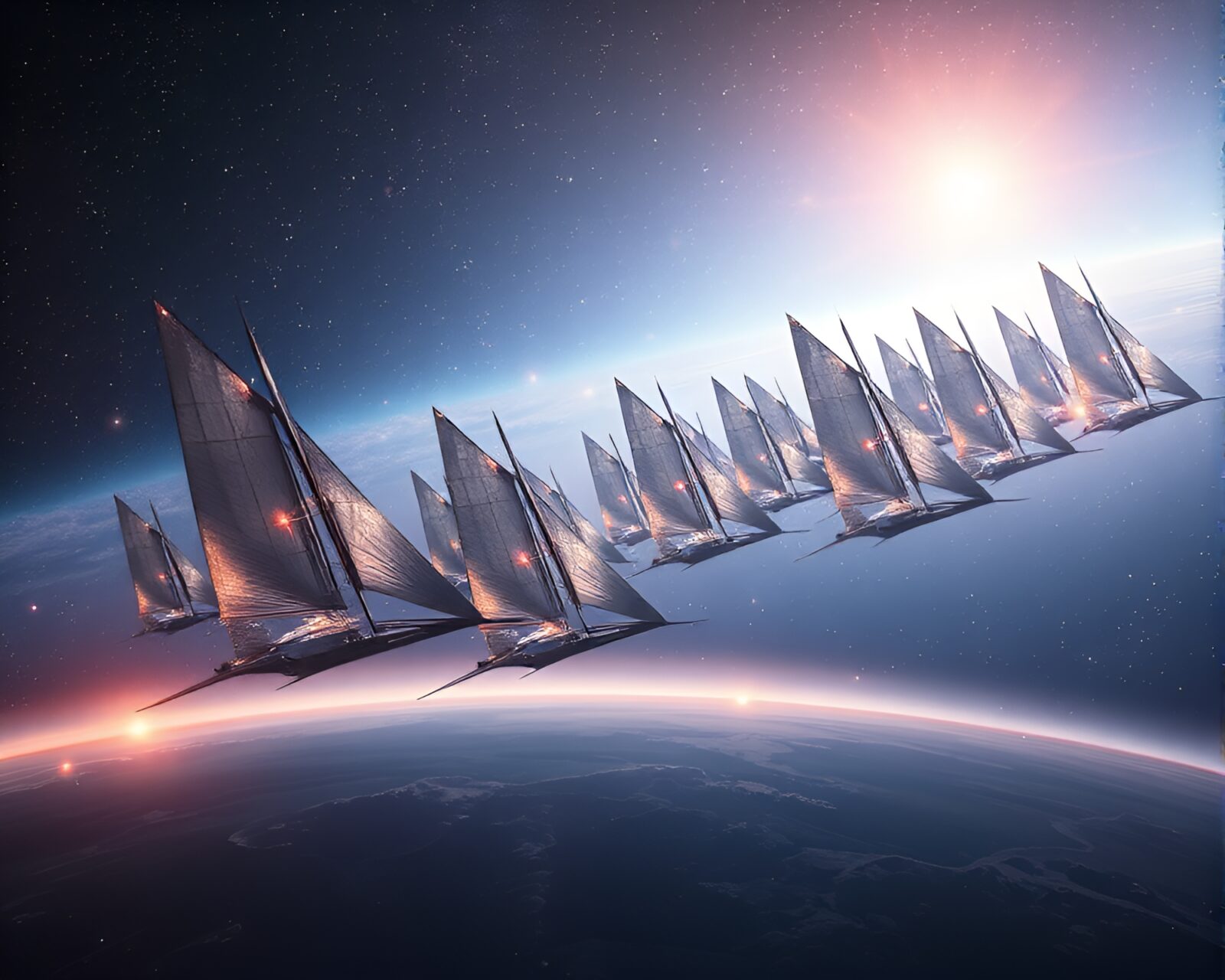 Majestic solar sails reflecting light like stained glass windows