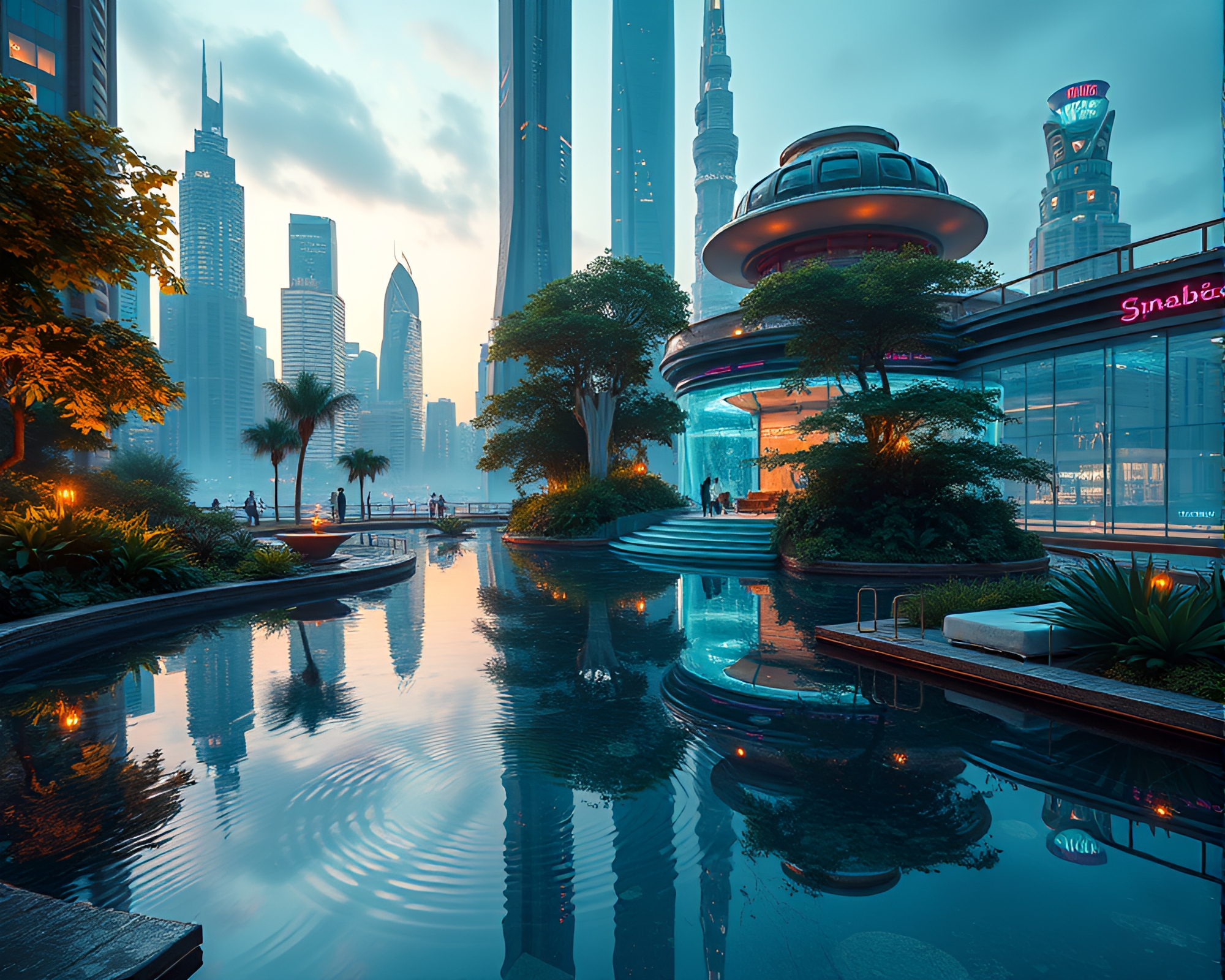 Futuristic Oasis Amidst Neon Skyscrapers – free AI stock image