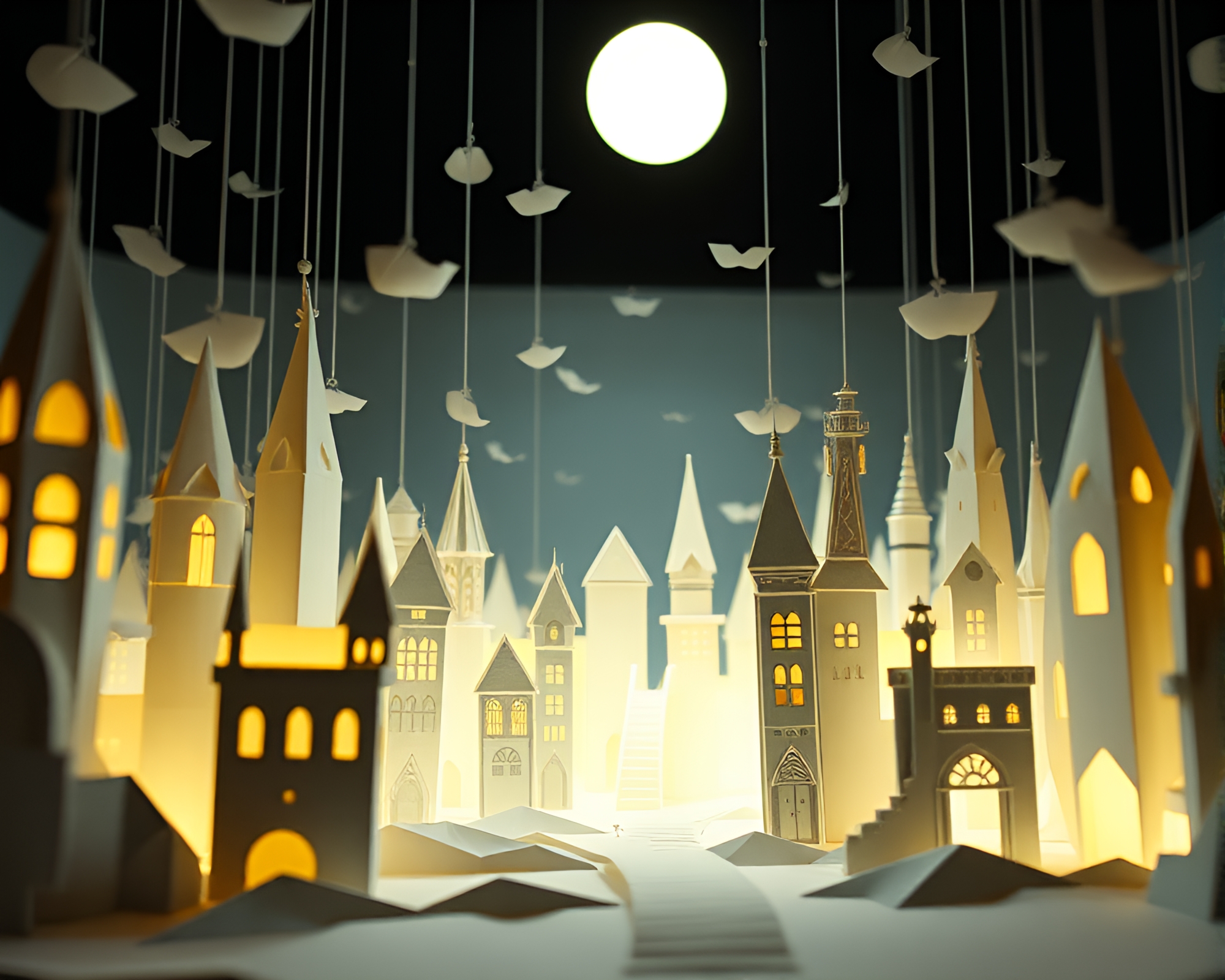 Whimsical Origami City Floating in Moonlight Wonderland – free AI stock image