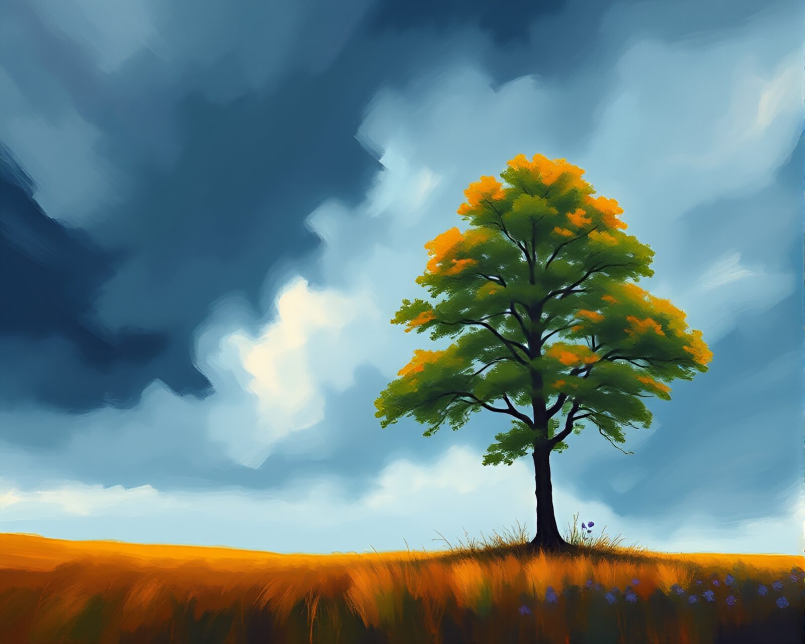 Minimalistic vibrant gouache tree painting against dark cloud backdrop