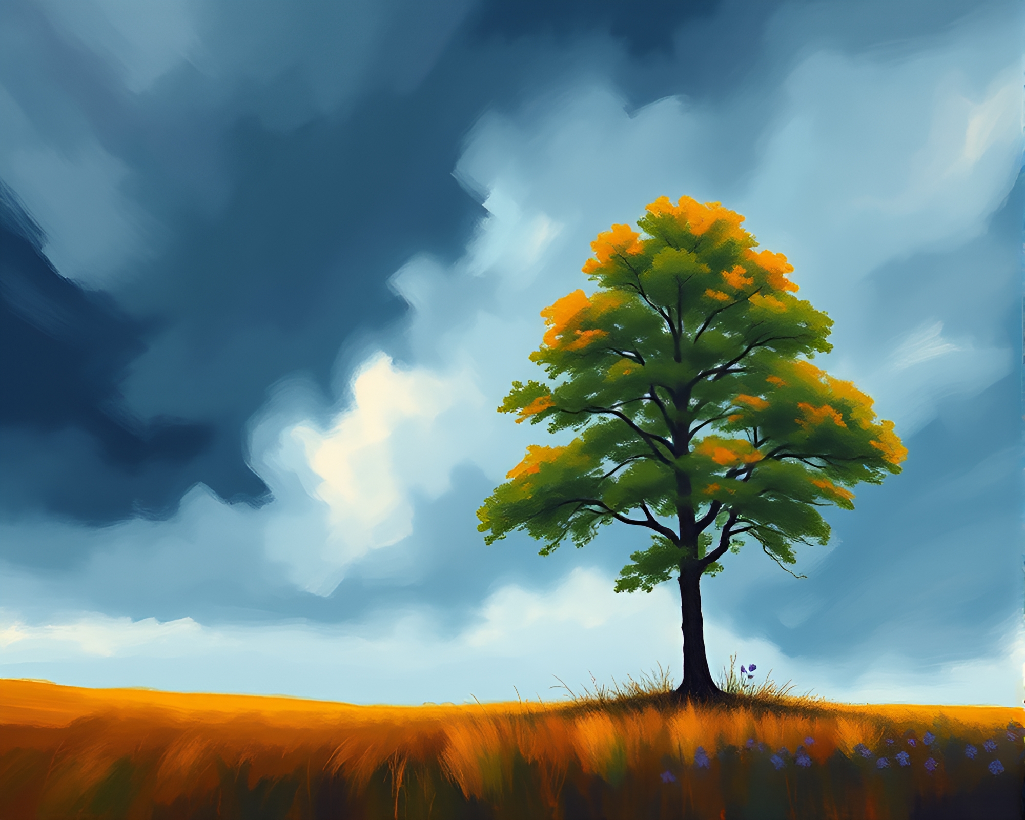 Vivid Gouache Tree Against Moody Sky Illustration – free AI stock image