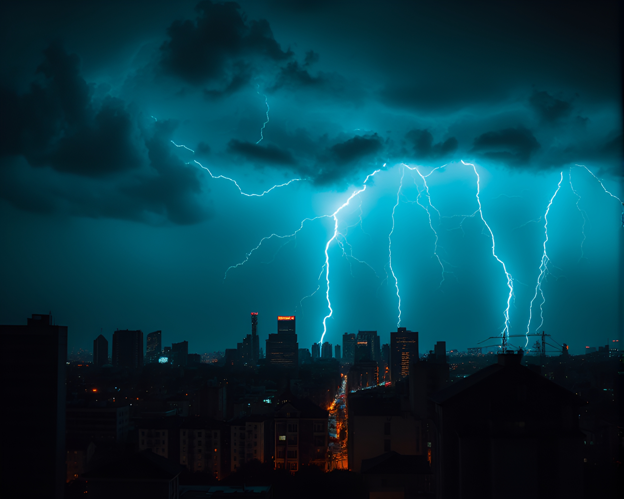 Vibrant Electric Storm in Mesmerizing Noir Cityscape – free AI stock image