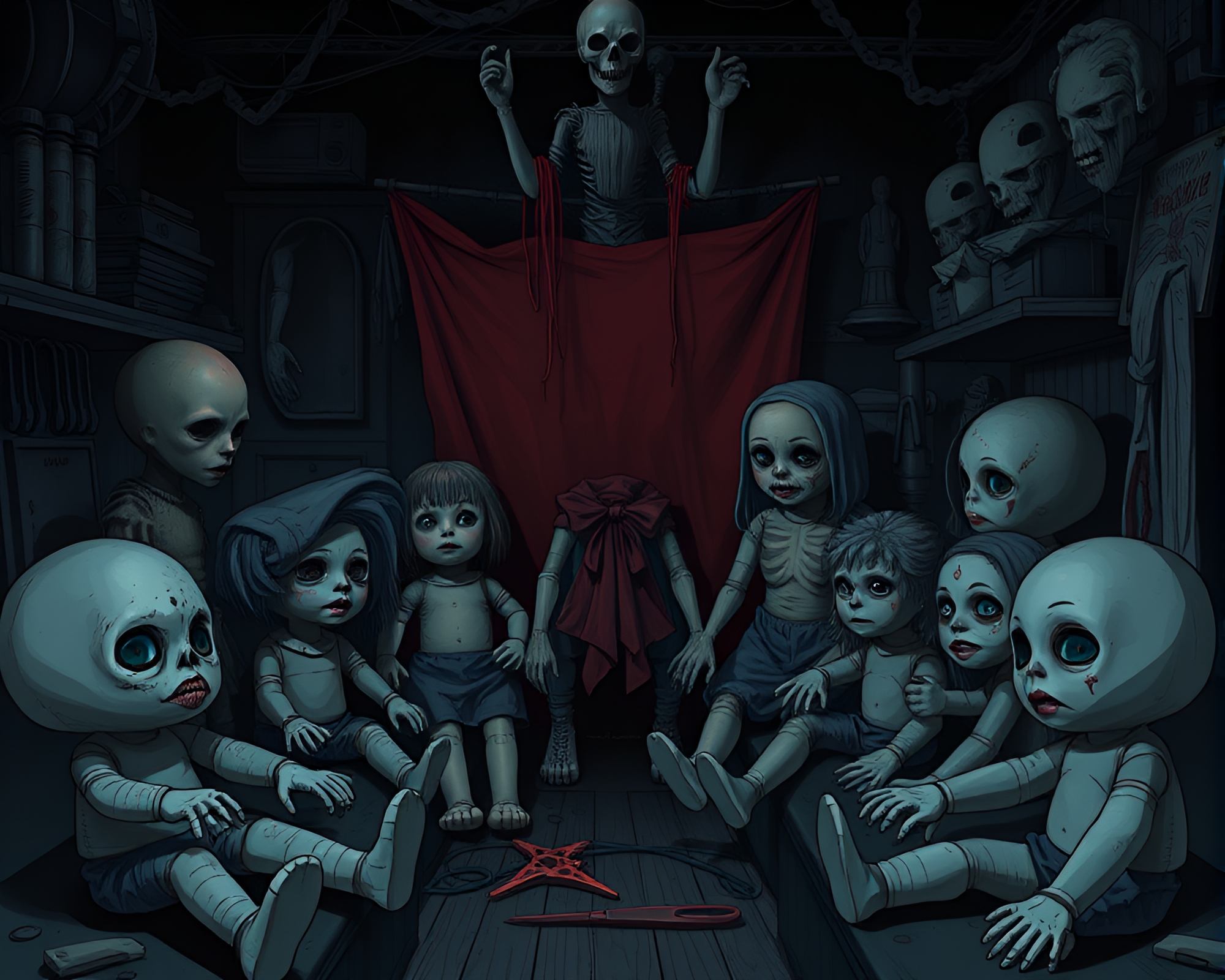 Eerie Doll Workshop Crafting Nightmare Creatures – free AI stock image