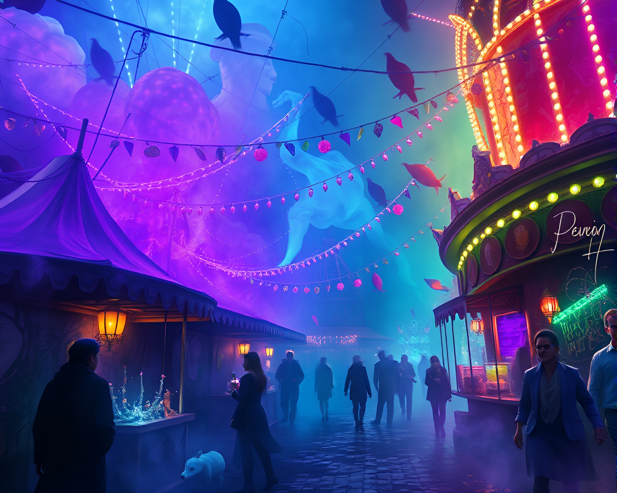 Eerie Spectral Carnival Rides Illuminated by Flickering Lights – free AI stock image