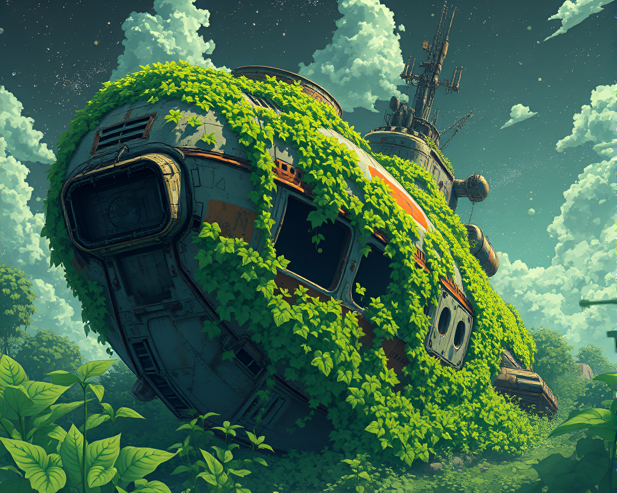 Decaying Spacecraft Embraced by Nature: A Captivating Contrast – free AI stock image