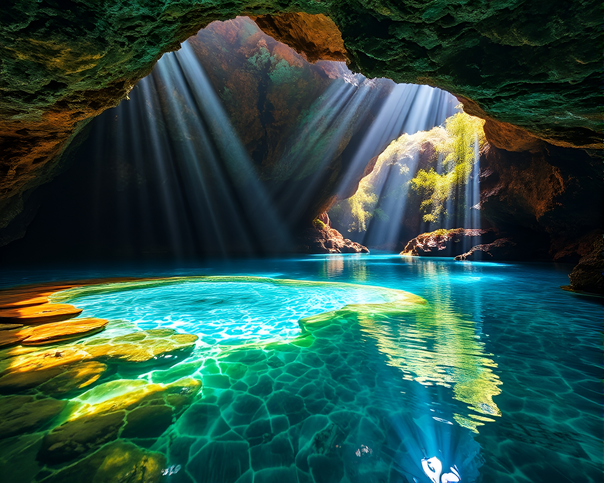 Enchanting Crystal Lake Oasis in Vibrant Cave Setting – free AI stock image