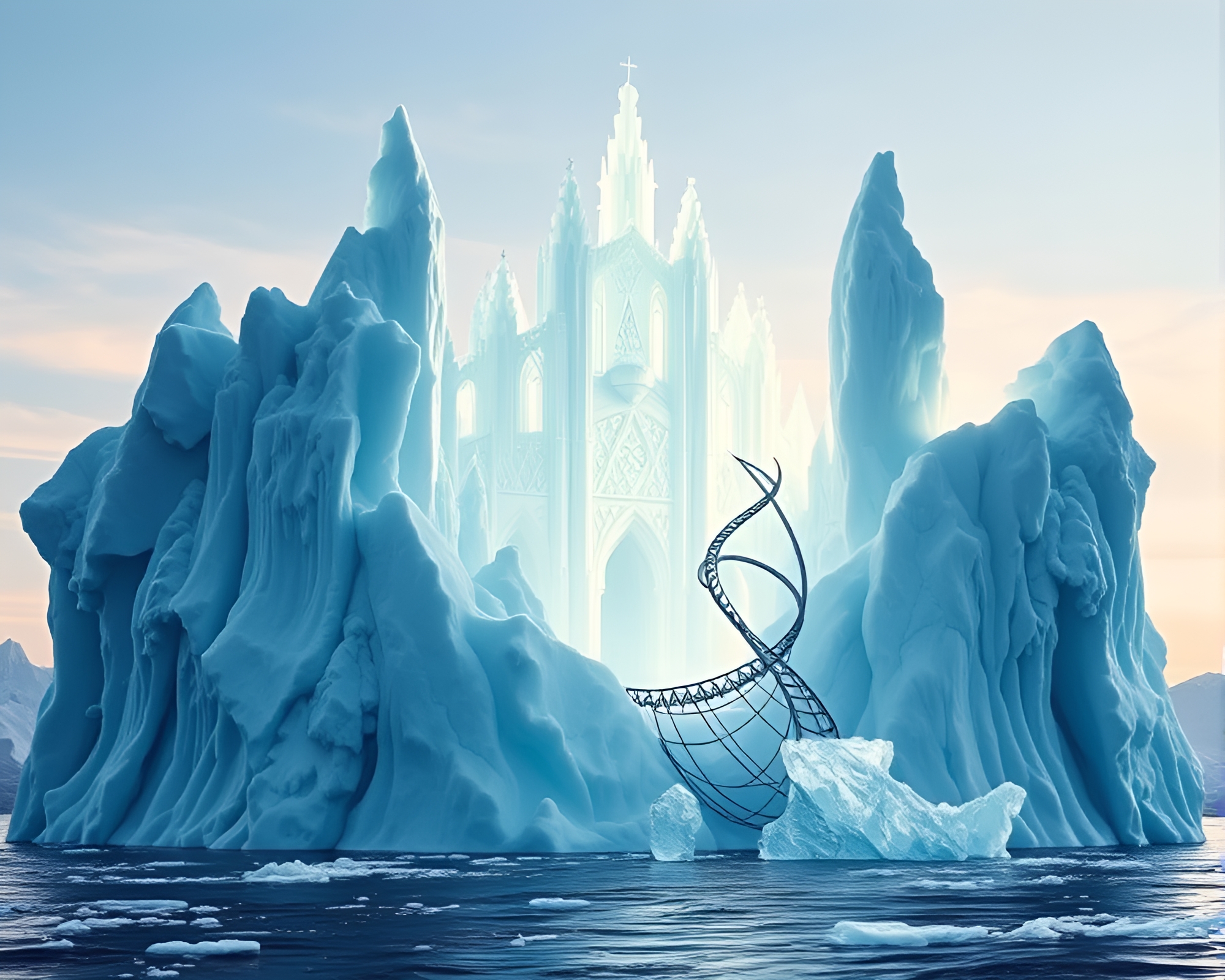 Mesmerizing Iceberg Cathedral with Wistful Kinetic Sculpture – free AI stock image