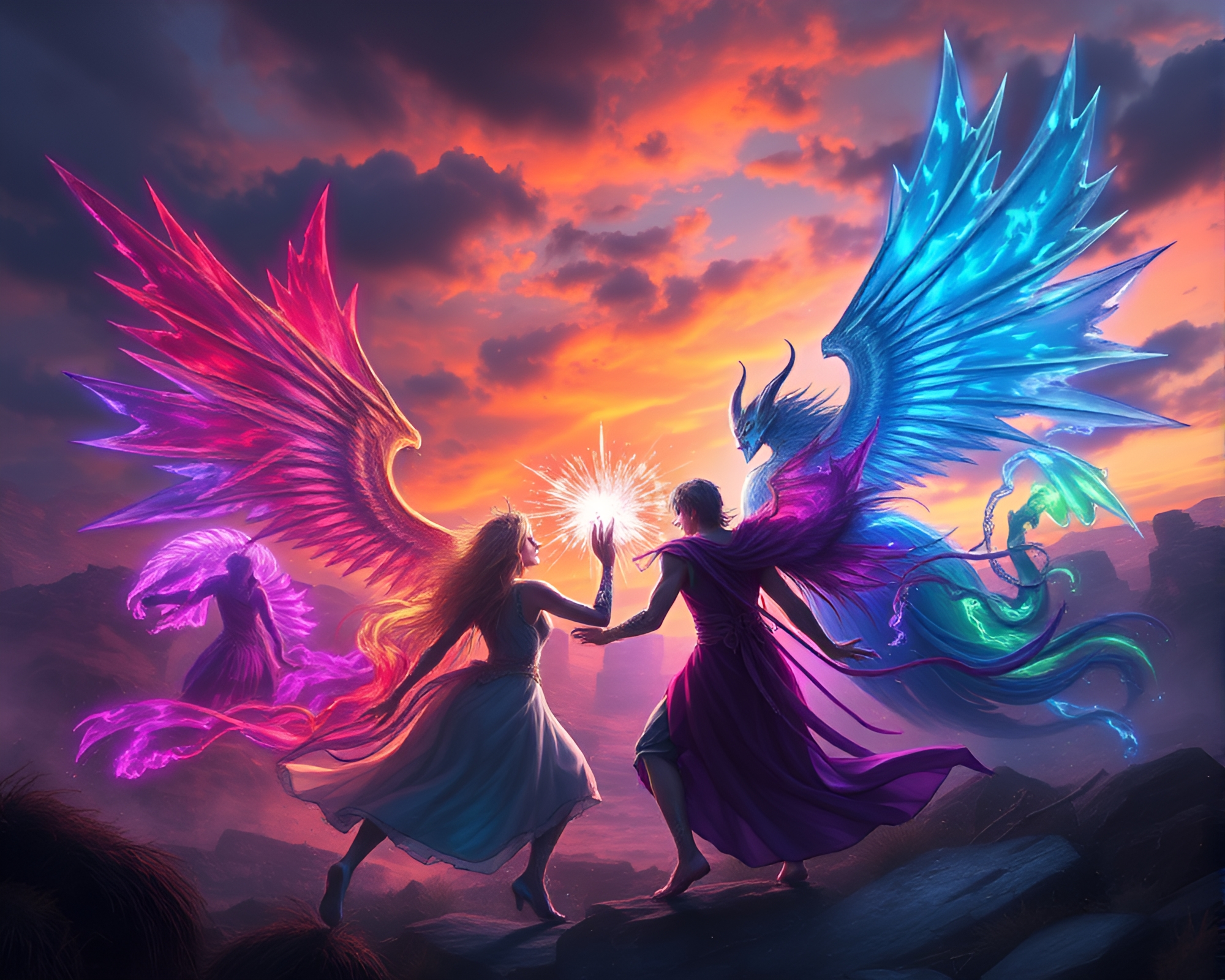 Spectral Twilight Battle: Ethereal Beings Clash in Magic Conflict – free AI stock image