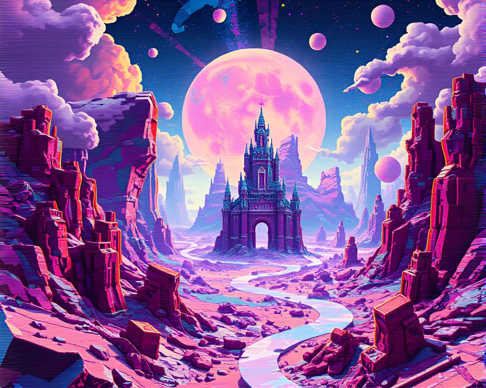 Pixelated shapes morphing in neon-lit glitched landscape