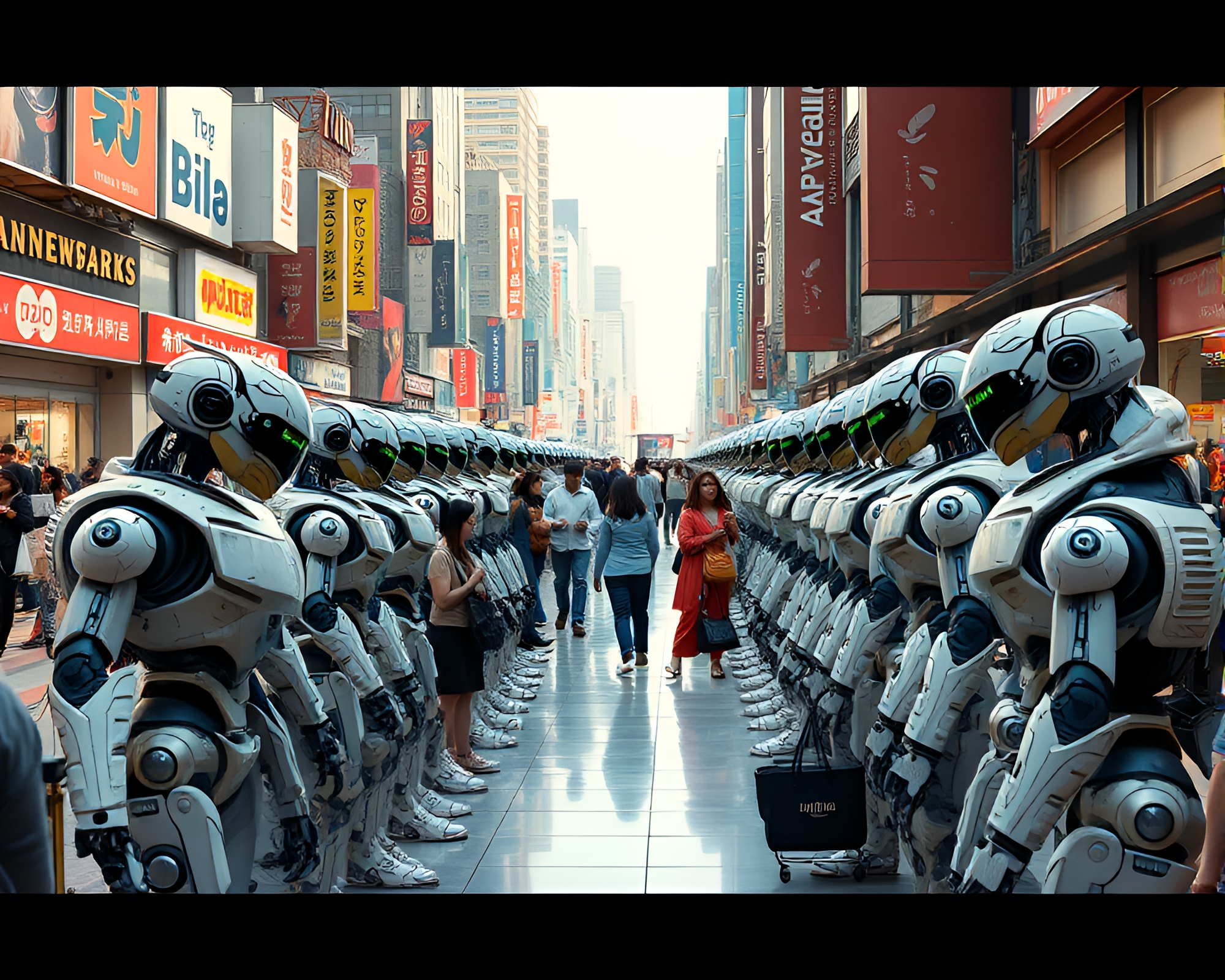 Futuristic Android Market Boasts Tech Fashion Extravaganza – free AI stock image