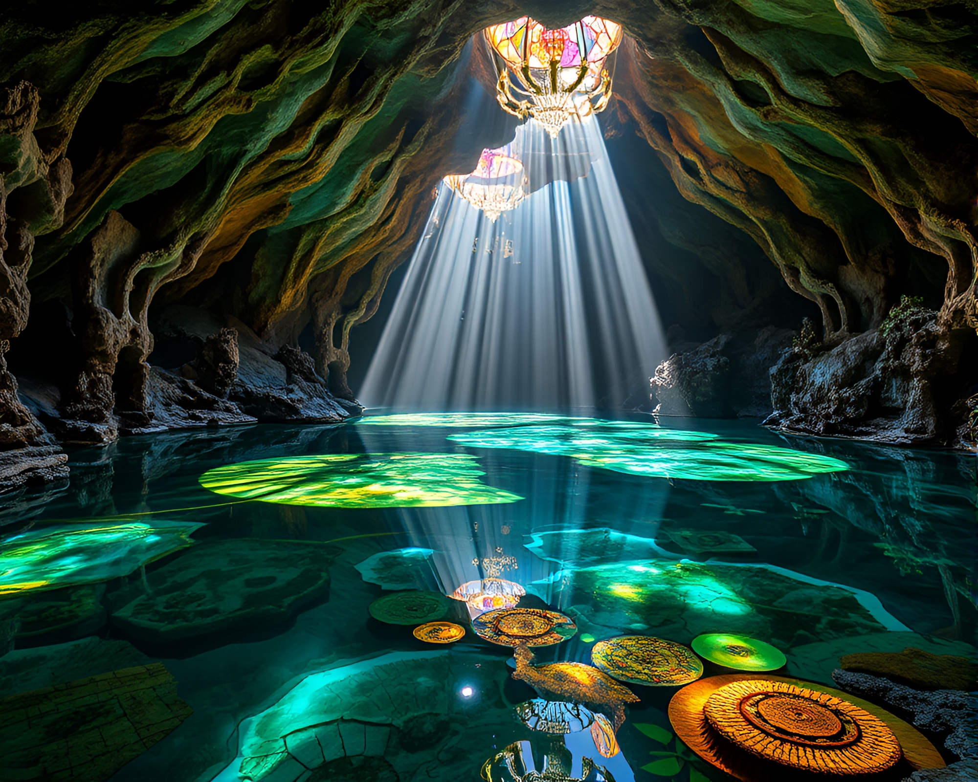 Enchanting Subterranean Oasis Revealed through Stained Glass – free AI stock image