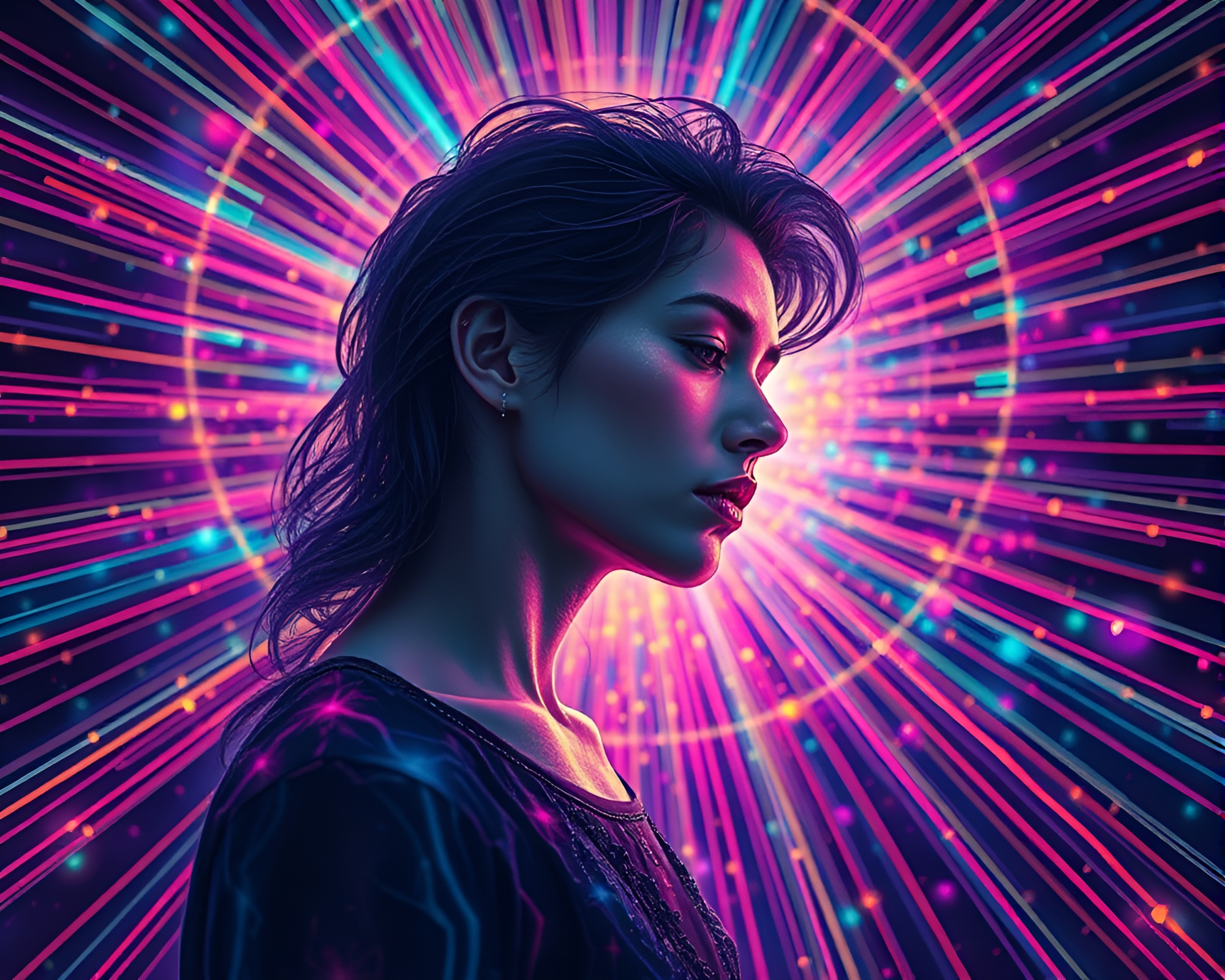 Dreamy Artist Contemplates Vibrant Magnetic Field – free AI stock image