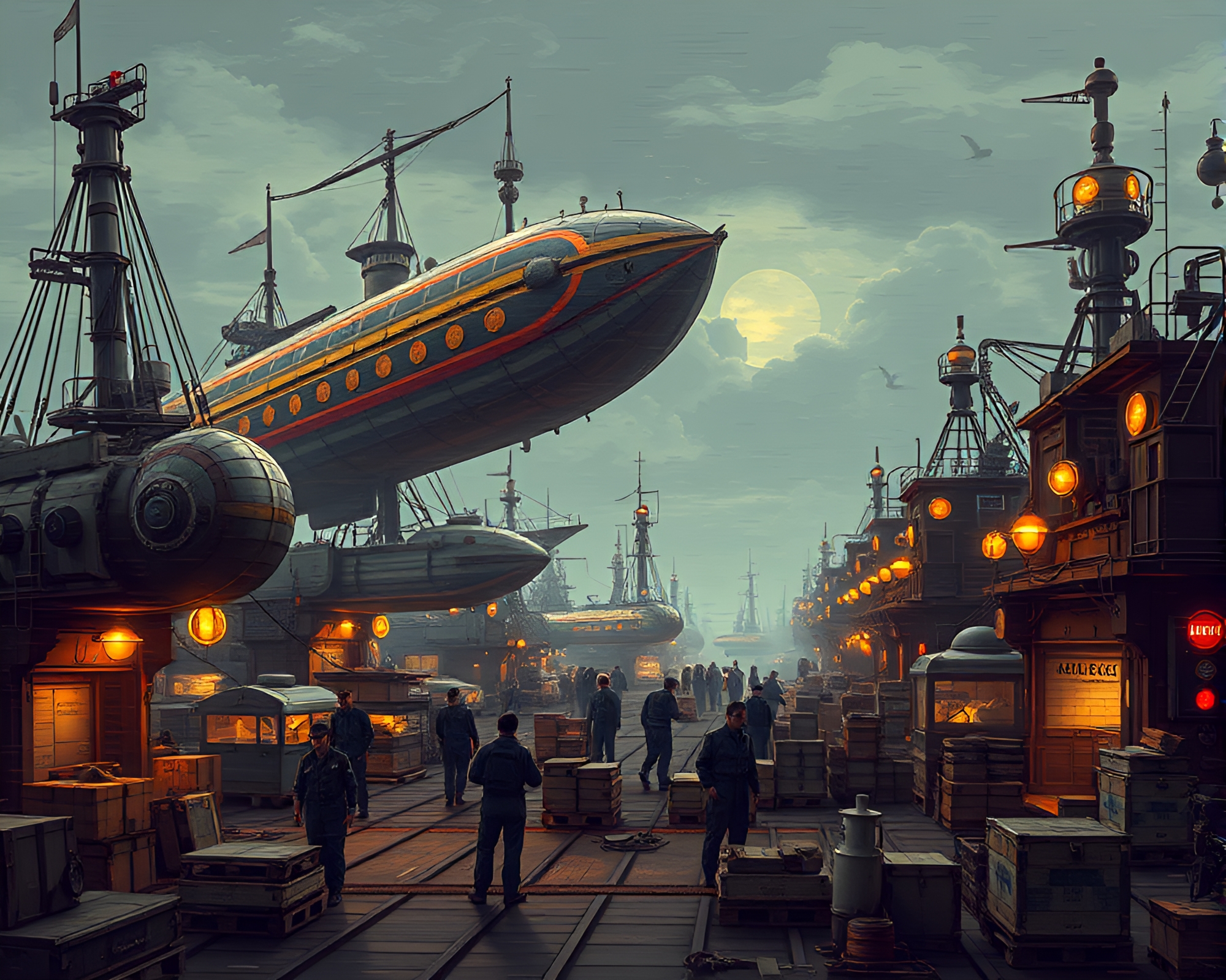 Vibrant Steampunk Airship Port Glitch Art Display – free AI stock image