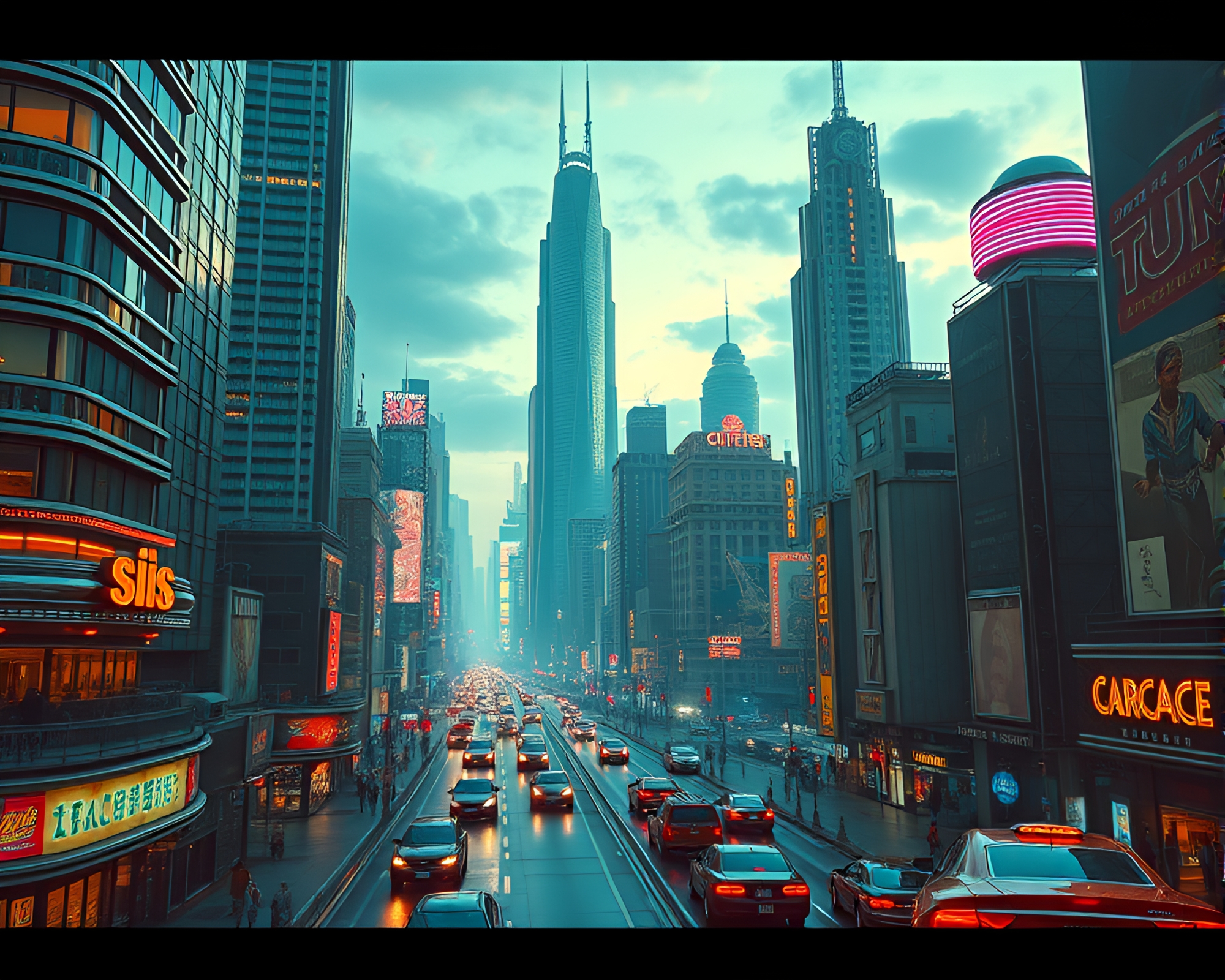 Gleaming Chrome Skyscrapers in Retro-Futuristic Metropolis – free AI stock image