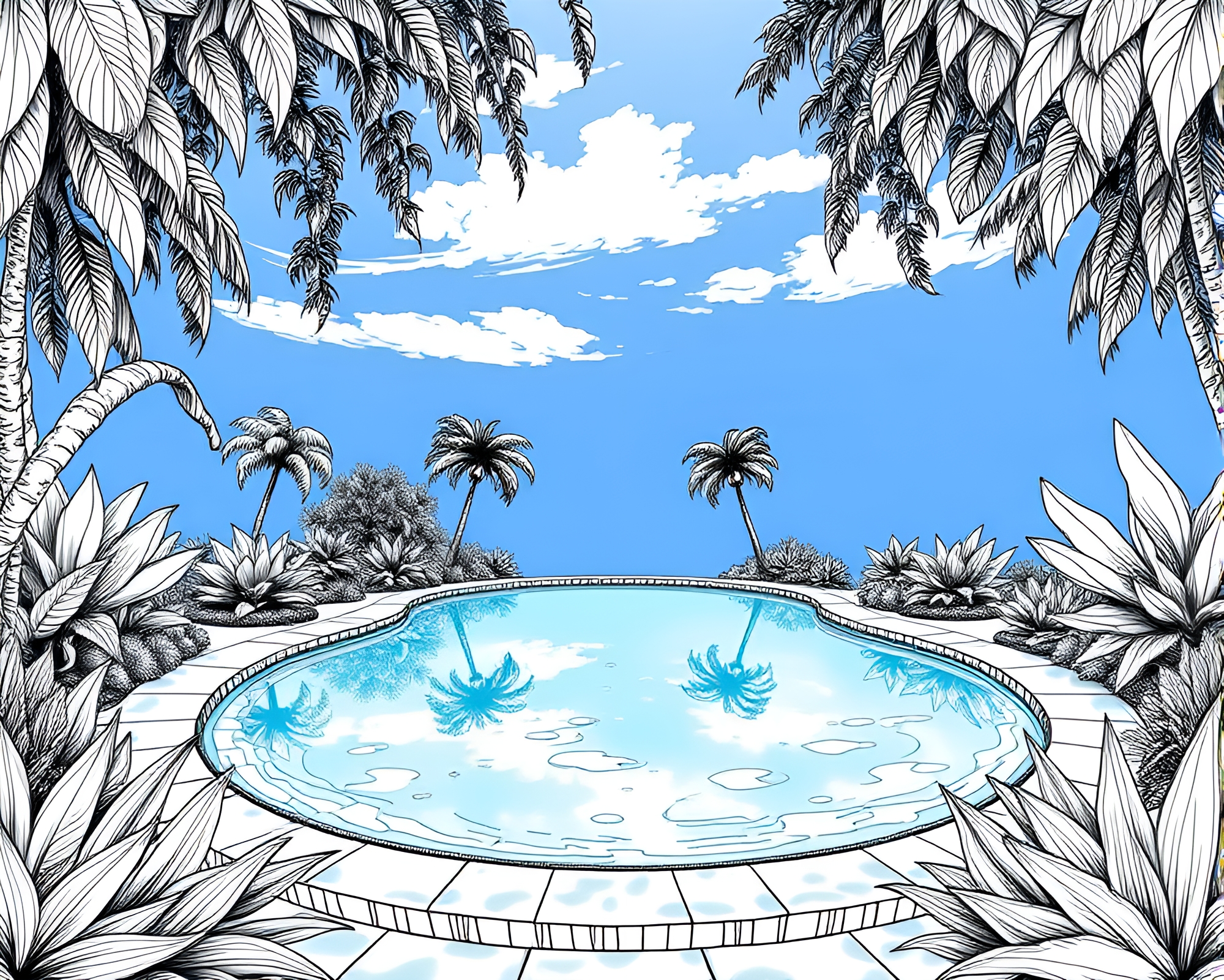 Rustic Oasis with Intricate Hand-Drawn Line Art Details – free AI stock image