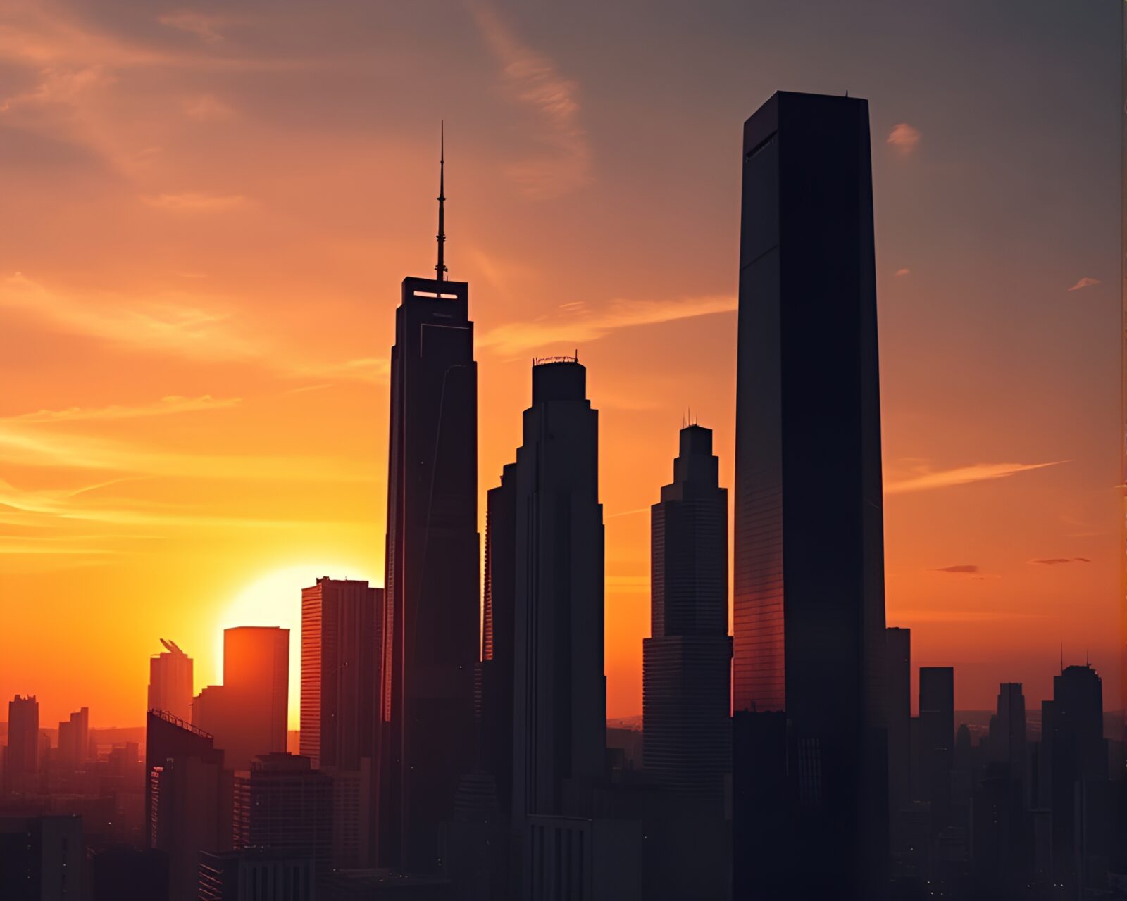 Urban skyline with towering buildings against glowing orange sky