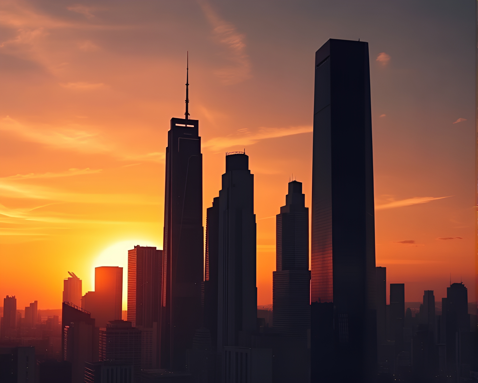 Futuristic Cityscape at Dusk with Silhouetted Skyscrapers – free AI stock image