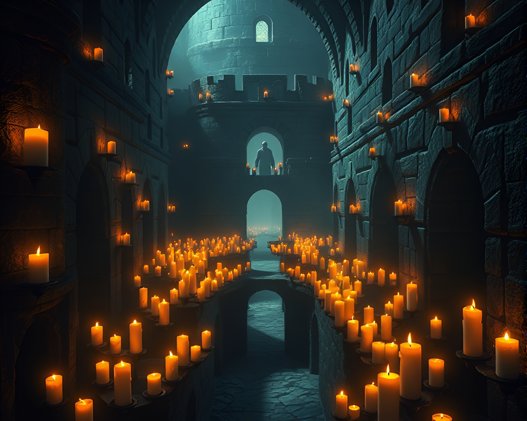 Ethereal Citadel: Flickering Candles Illuminate Elaborate Architecture – free AI stock image