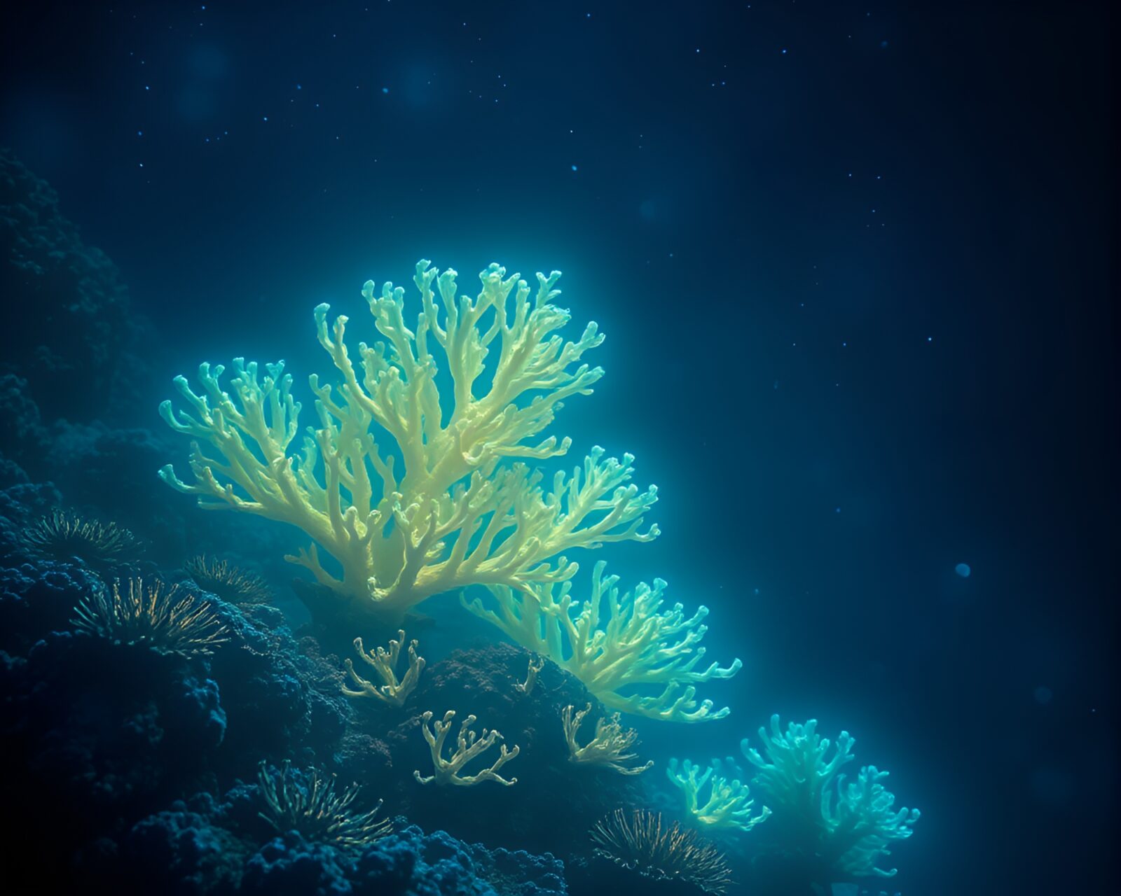 Glowing coral reef in vibrant colors beneath the ocean