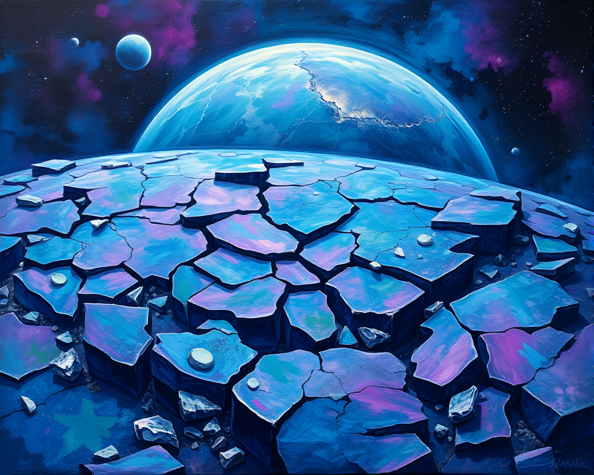Vibrant Surreal Painting of Shattered Alien Planet Landscape – free AI stock image