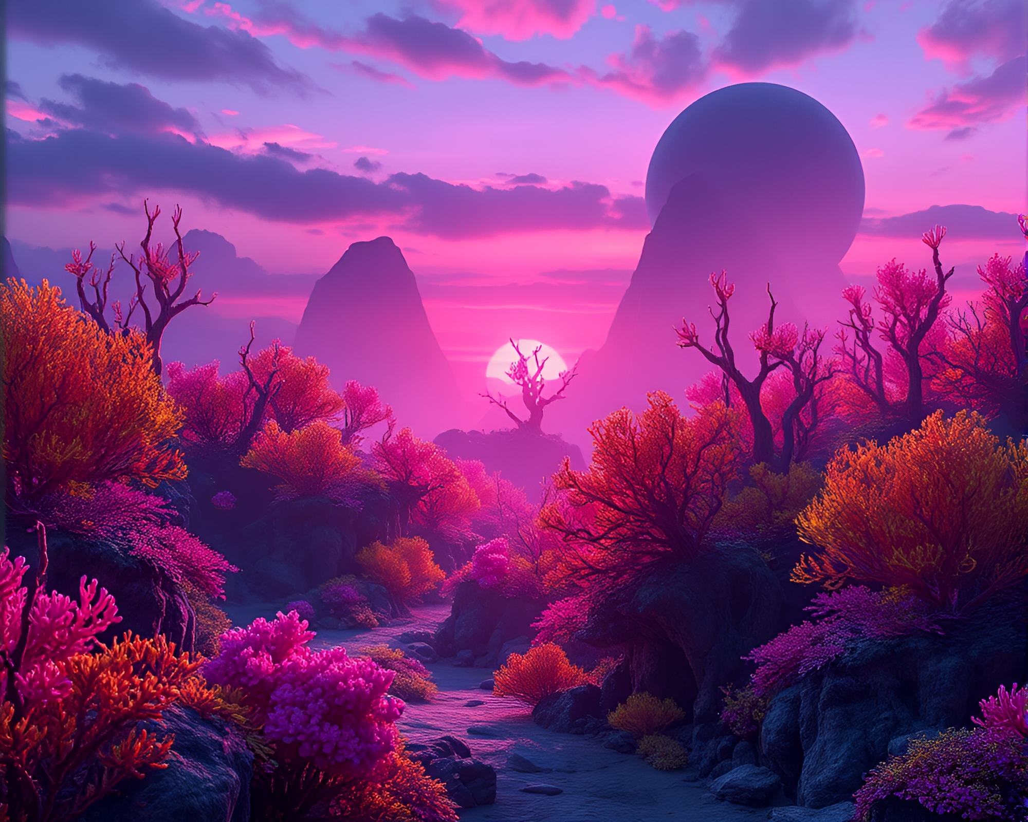 Twilight Coral Forest on Alien Planet Landscape – free AI stock image