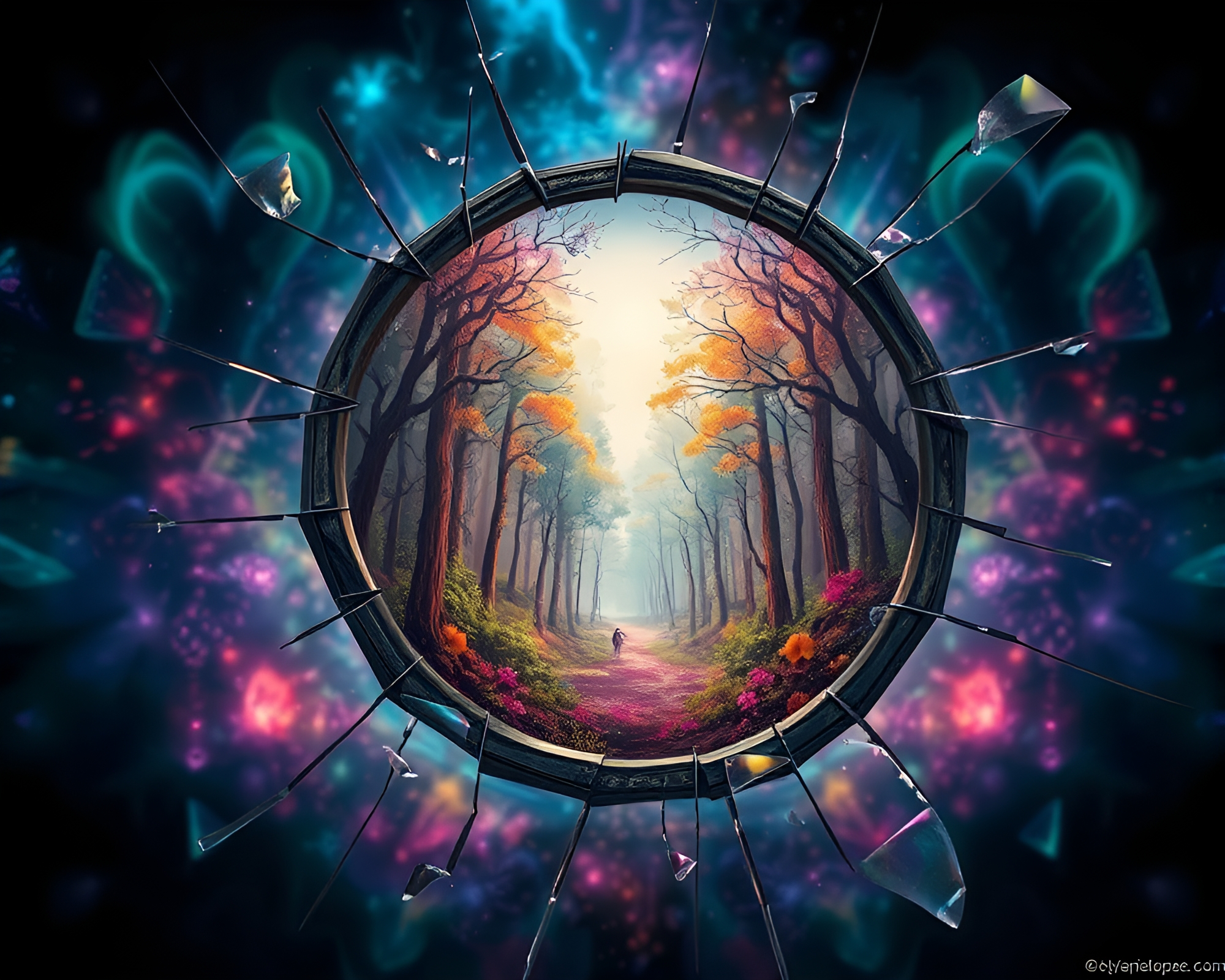 Shattered Mirror Reflecting Mystical Forest Illustration – free AI stock image