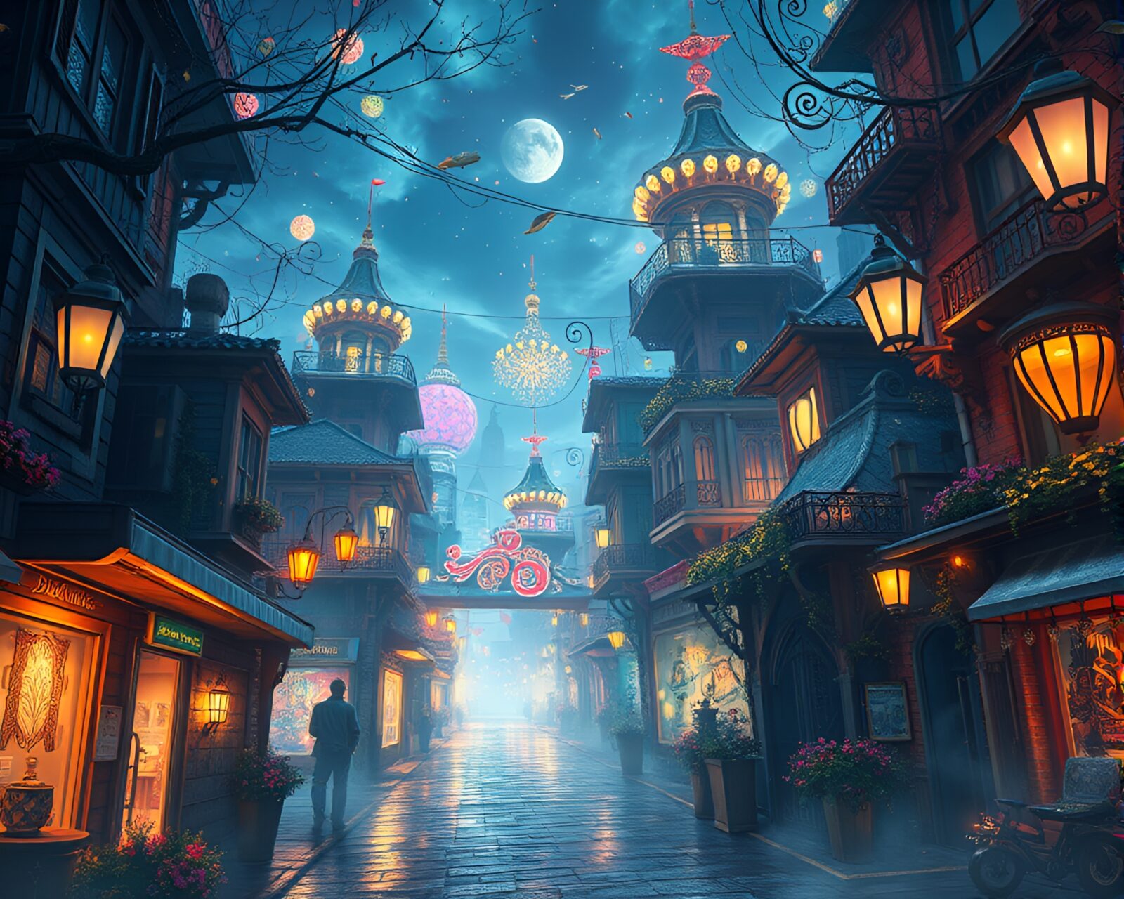 Vivid oil painting of futuristic cityscape with bioluminescent lights
