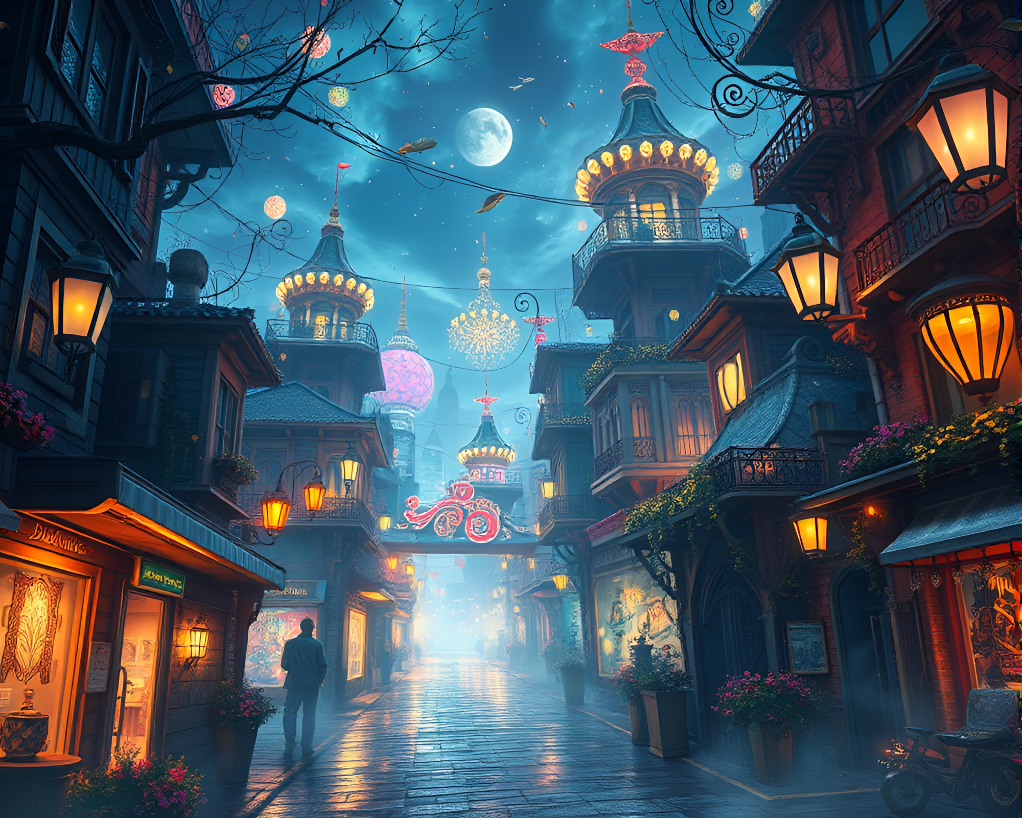 Breathtaking Bioluminescent Urban Landscape Painting – free AI stock image