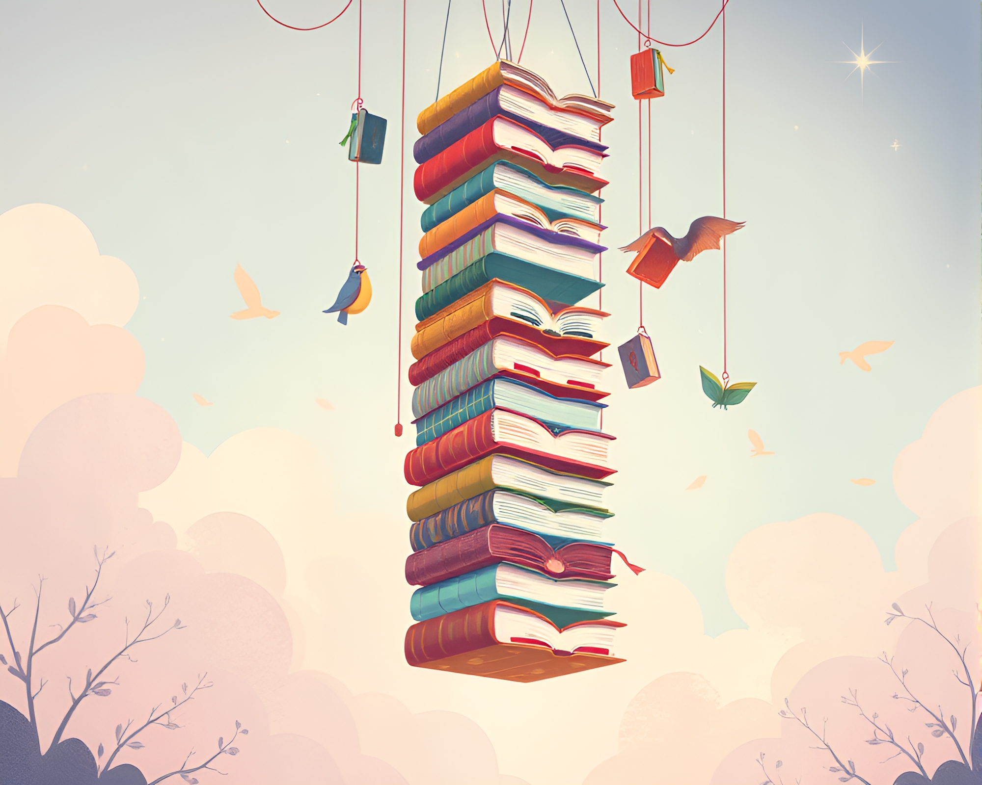 Suspended Book Tower Reaching Sky in Whimsical Illustration – free AI stock image