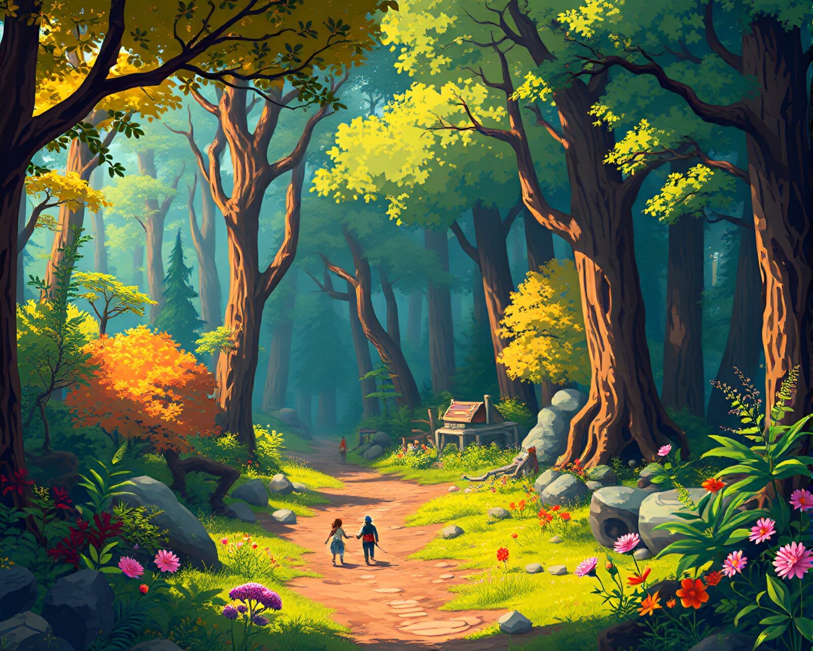 Bustling pixelated creatures in emerald canopy glade