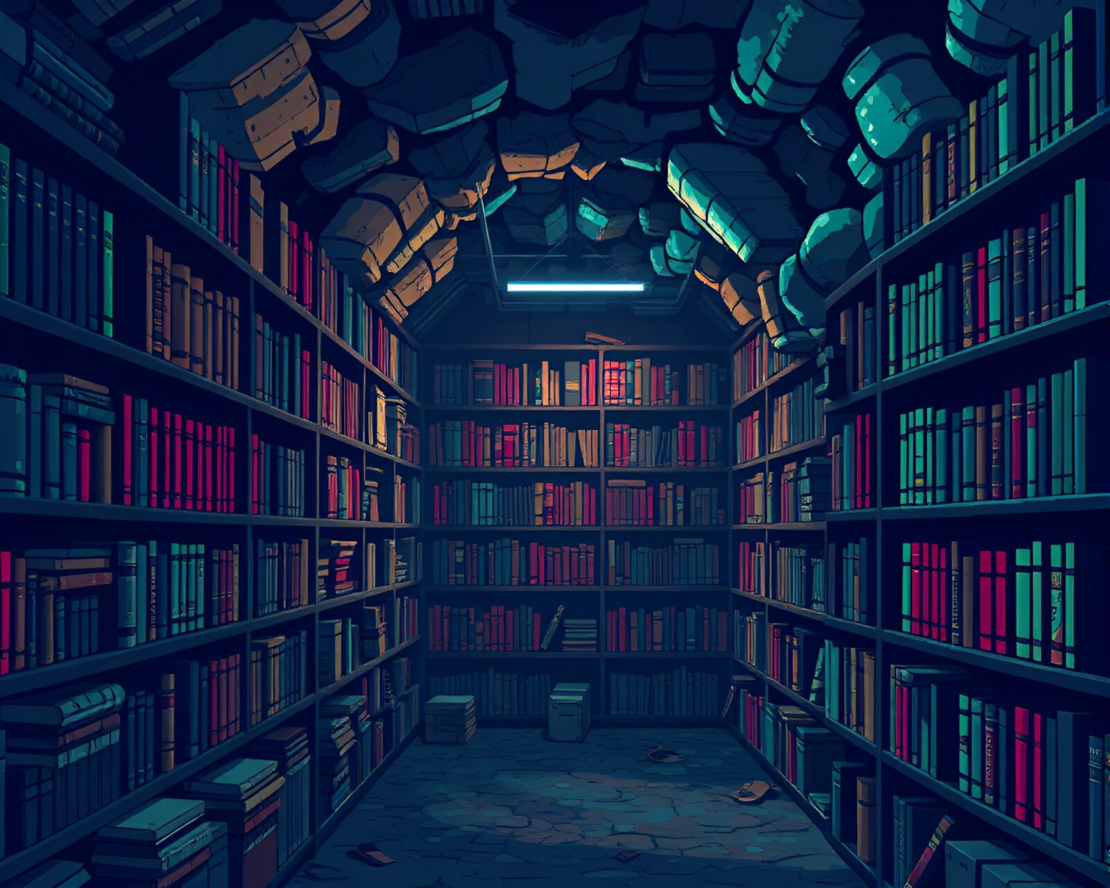 8-bit glitch art style depicting subterranean book labyrinth