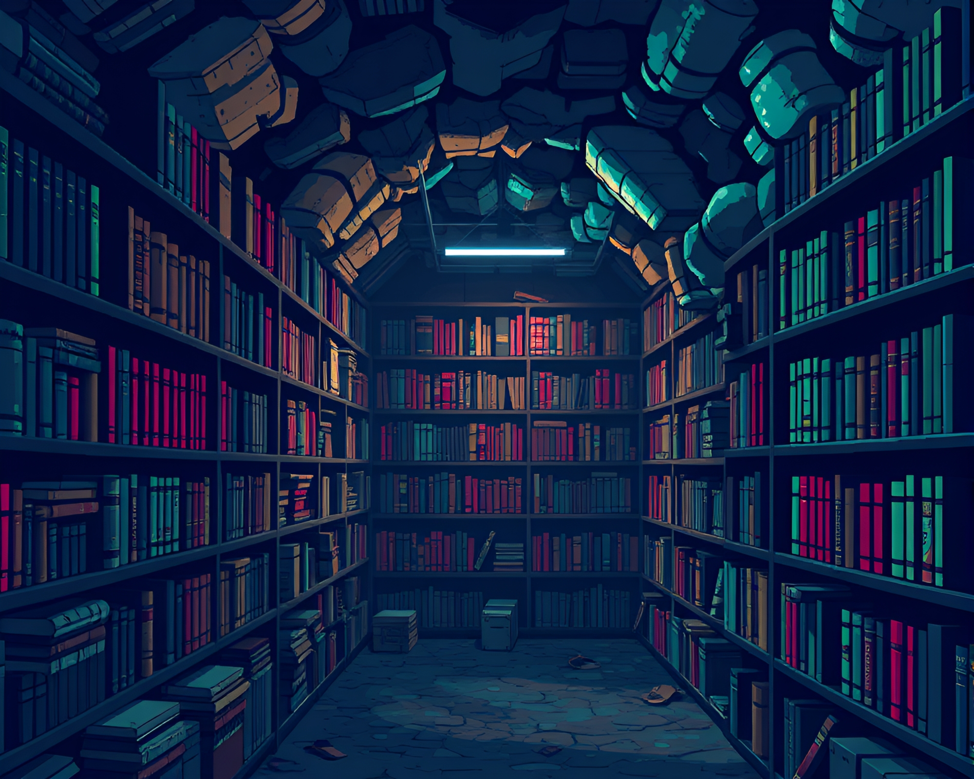 Pixelated labyrinthine library with endless dusty shelves – free AI stock image