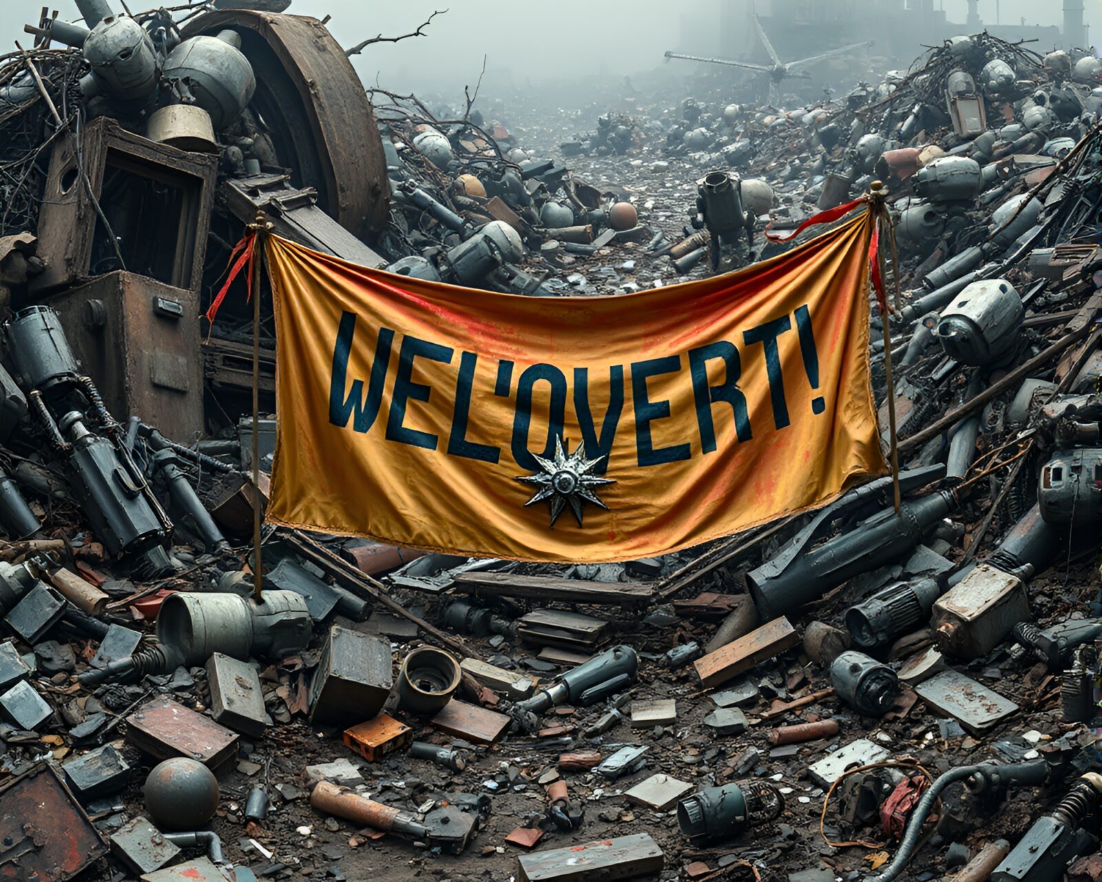 Colorful banner hung in a rusted robot junkyard