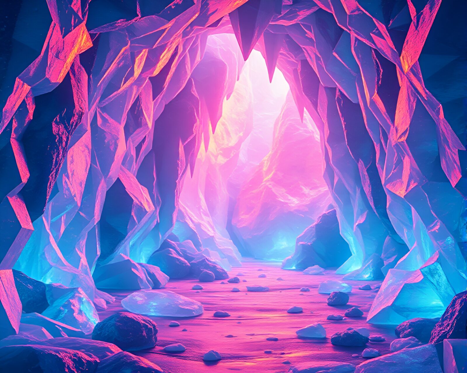Glitchy ice prism cavern with vibrant pixelated glow
