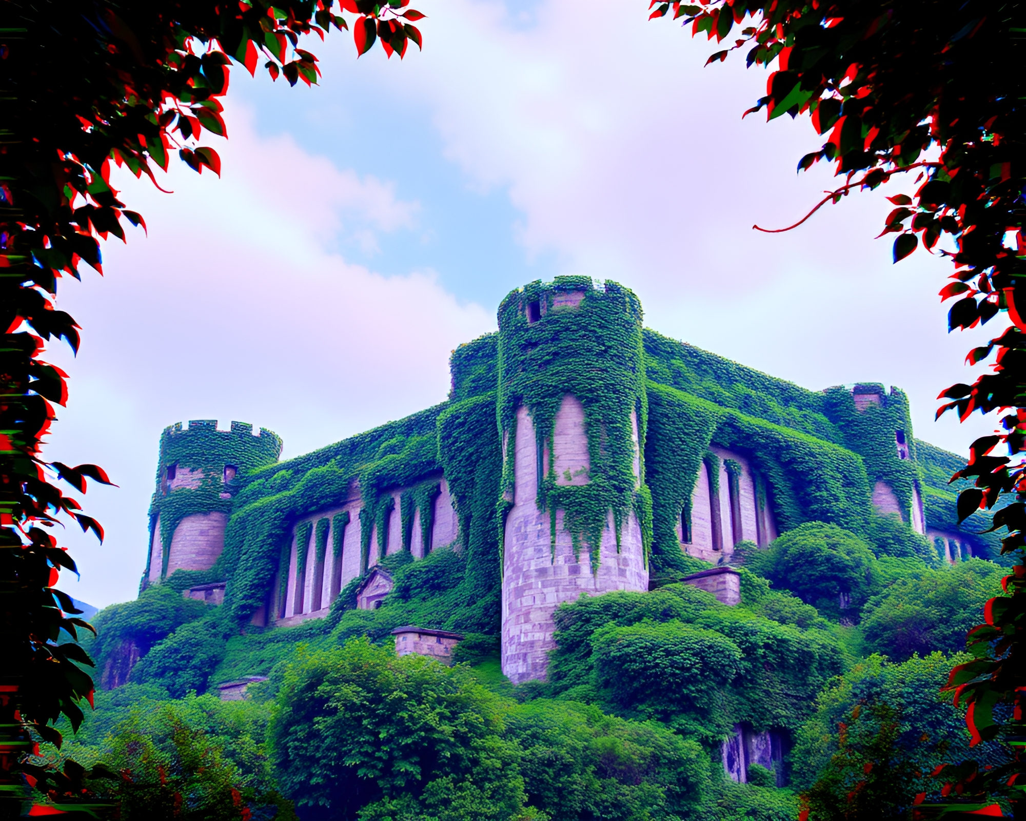 Surreal Glitch Art Fortress Covered in Vibrant Ivy – free AI stock image